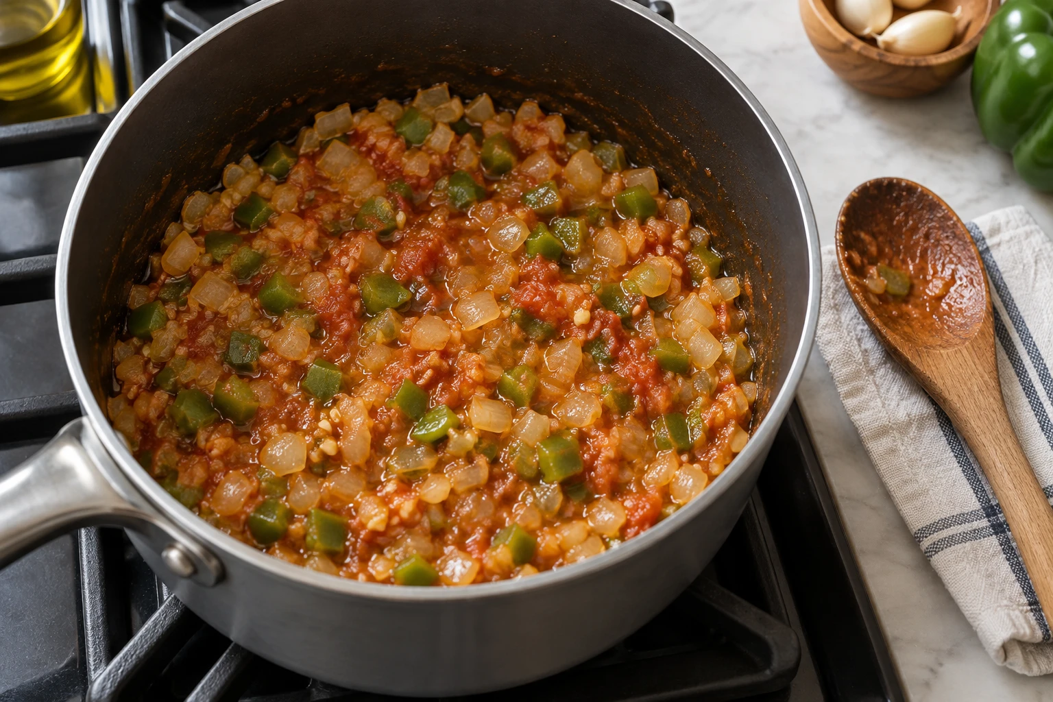 Softened diced onion, green pepper and garlic with tomato sauce in a saucepan