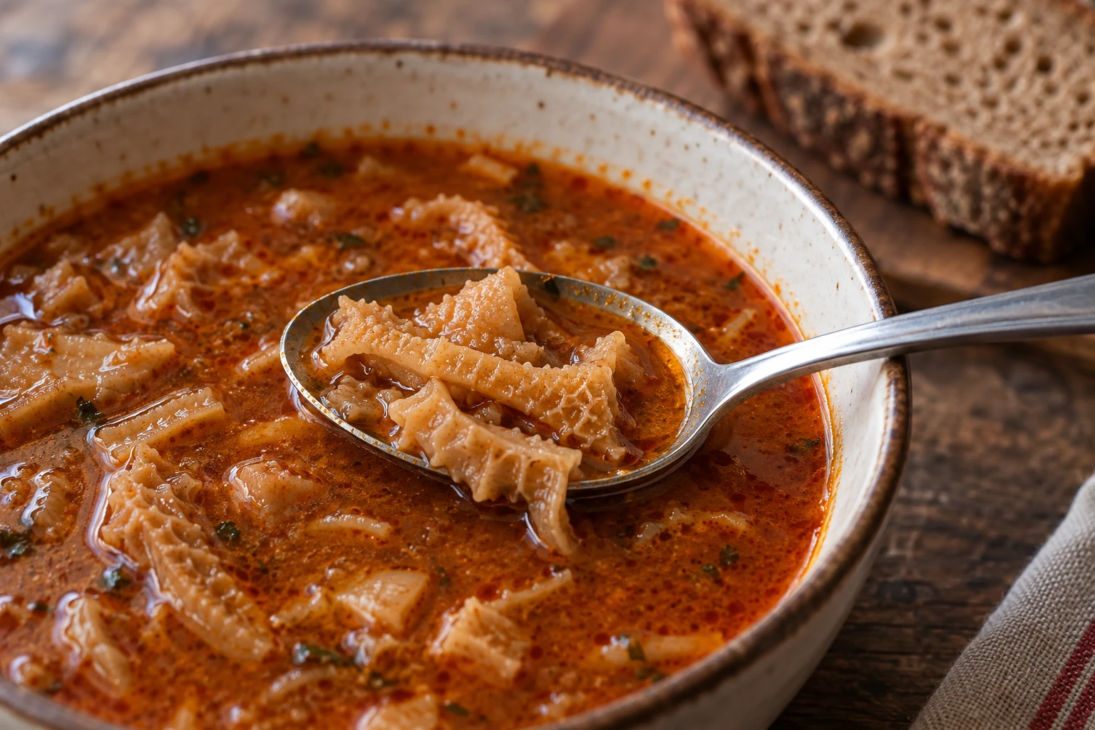 A spoon holding ridged tripe strips and rust-red broth over a soup bowl