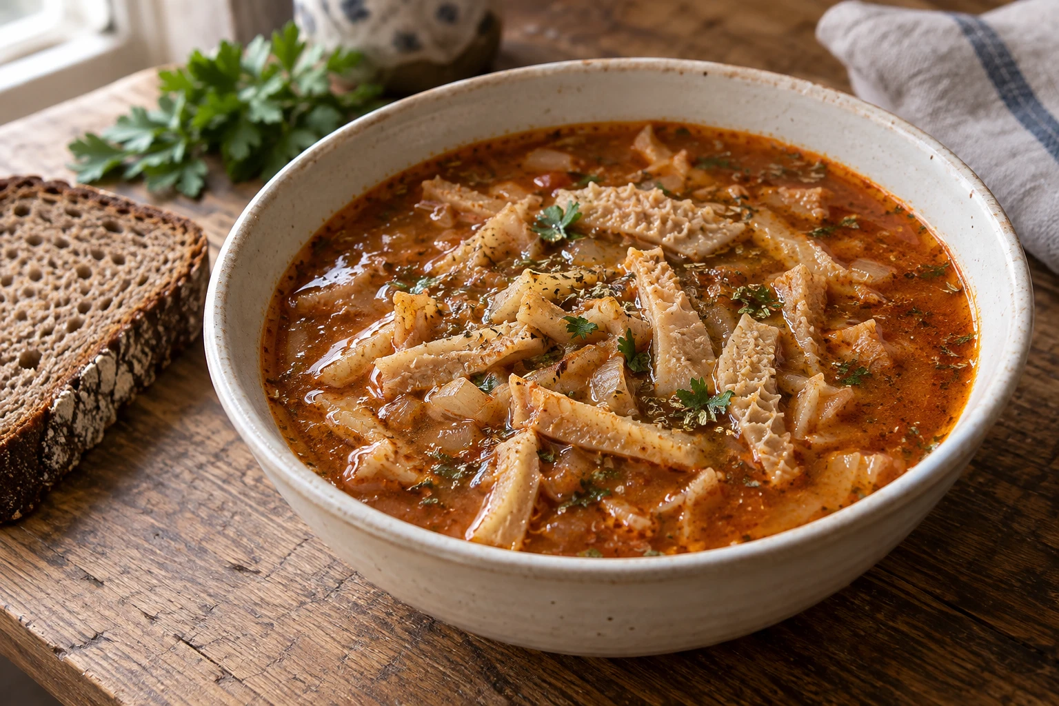 Rust-red Czech tripe soup with short ridged strips and a slice of bread beside the bowl