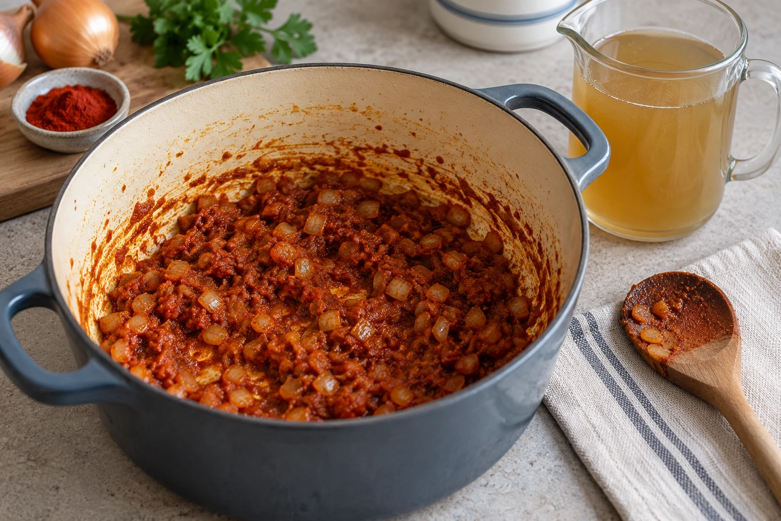 Paprika and diced onion base in a pot beside a jug of stock