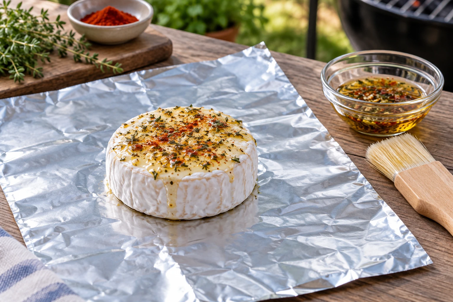 An intact white-rind cheese wheel coated with seasoned oil on a flat sheet of cooking foil.
