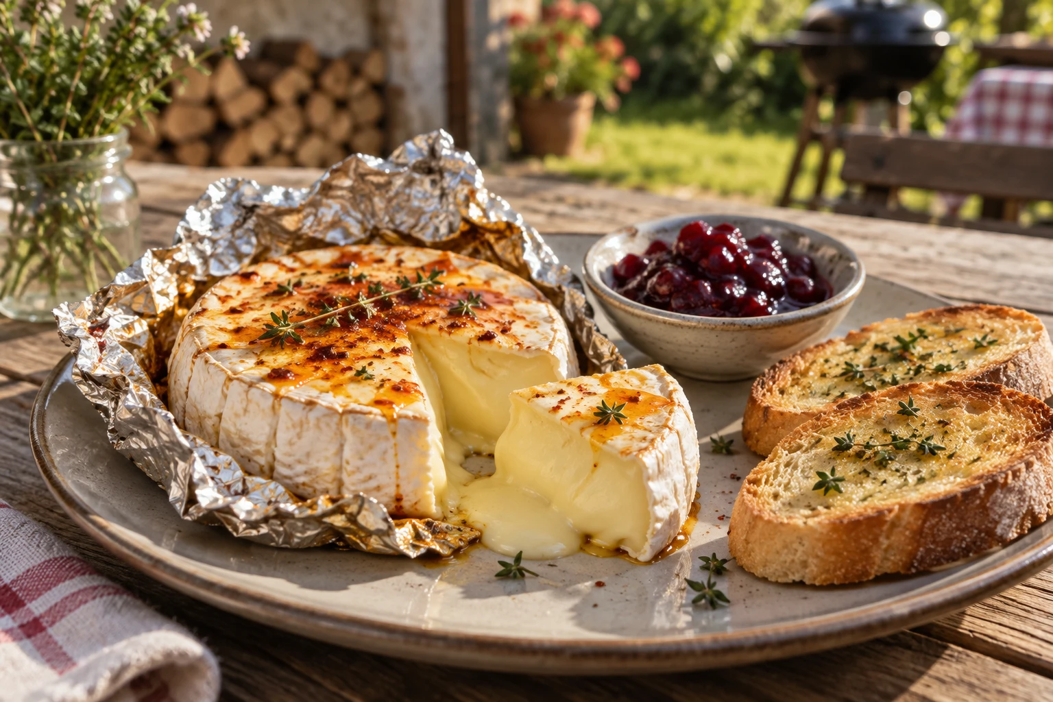 A grilled round Hermelín cheese cut open after cooking, with softened cheese, cranberries and toasted bread.