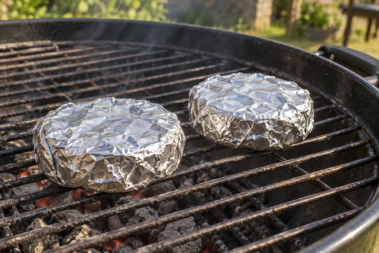 Two completely closed round foil parcels cooking on an outdoor barbecue grate.
