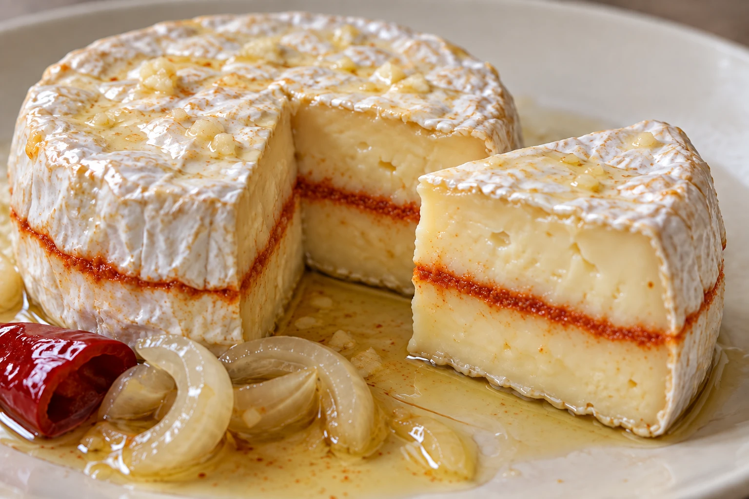 A cut marinated cheese wheel showing a thin garlic and paprika filling between two creamy halves