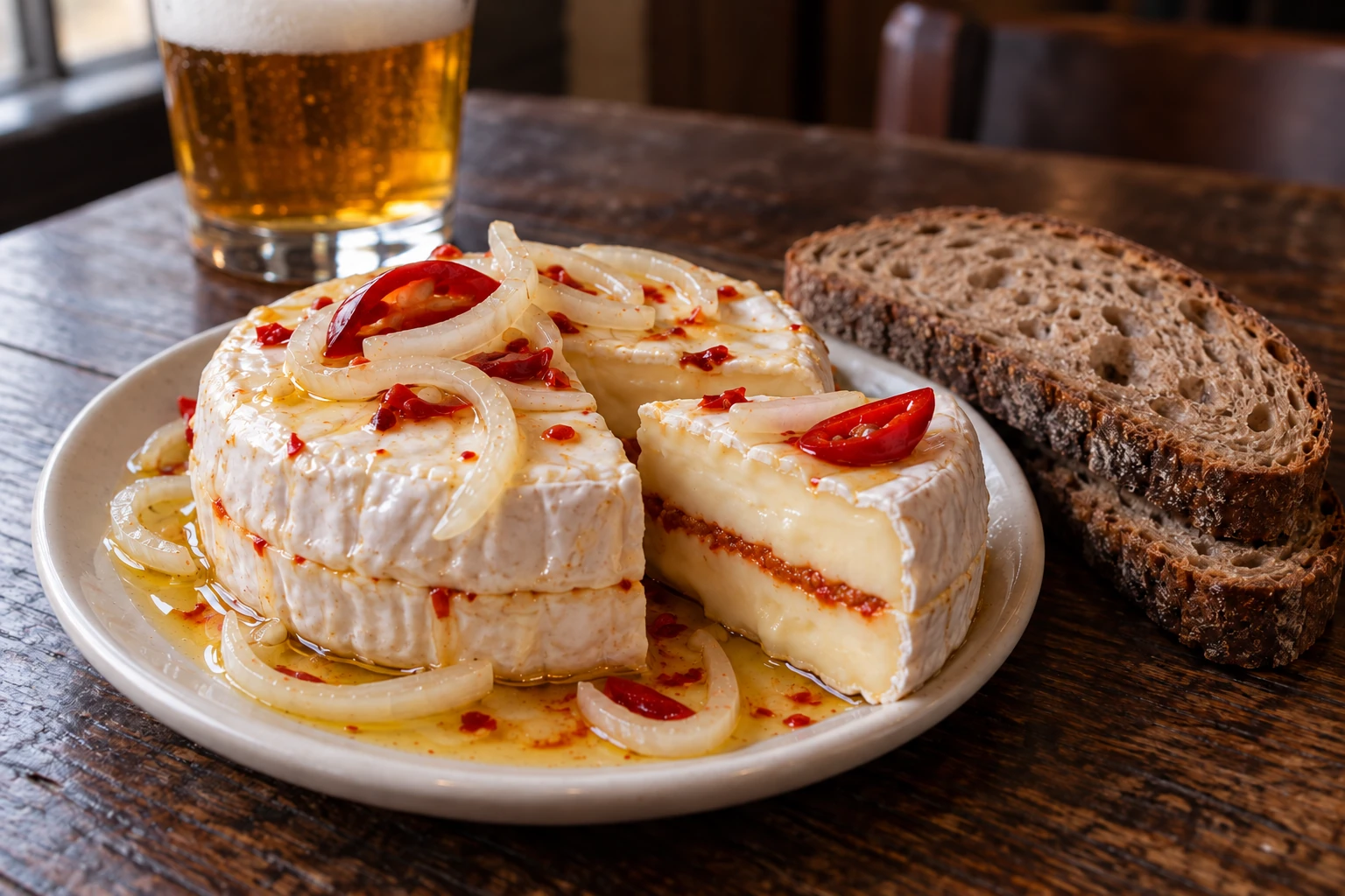 Oil-marinated Hermelín with onion, red peppers and dark bread, with a glass of beer behind the plate