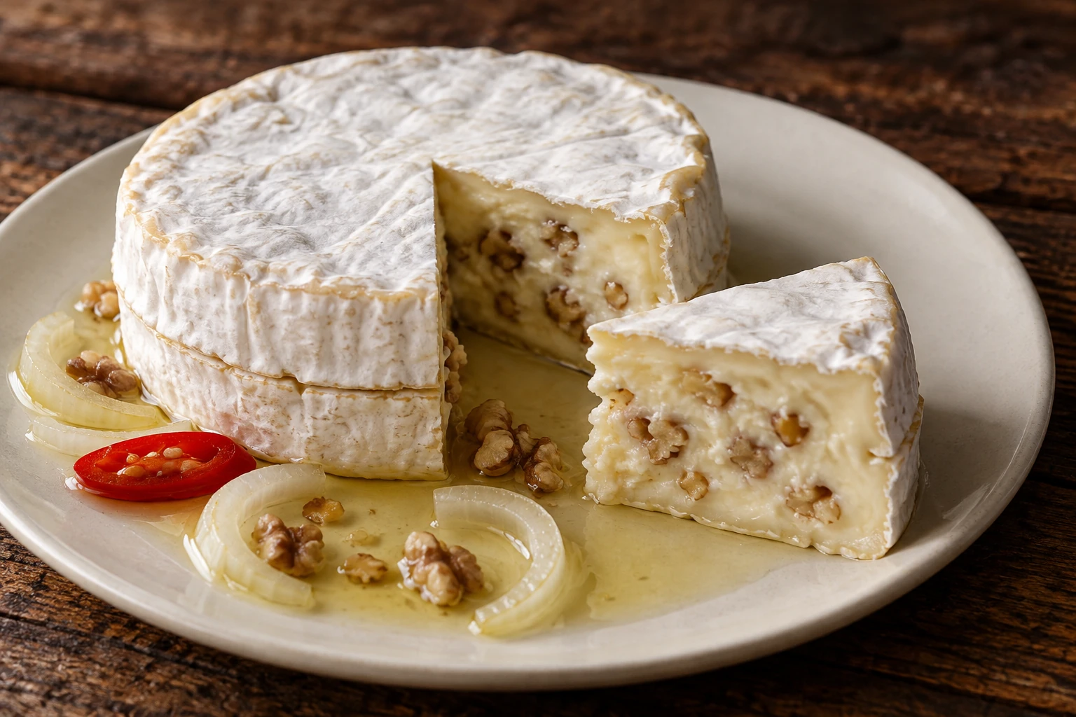 A wedge of marinated Hermelín exposing a creamy center mixed with chopped walnut pieces
