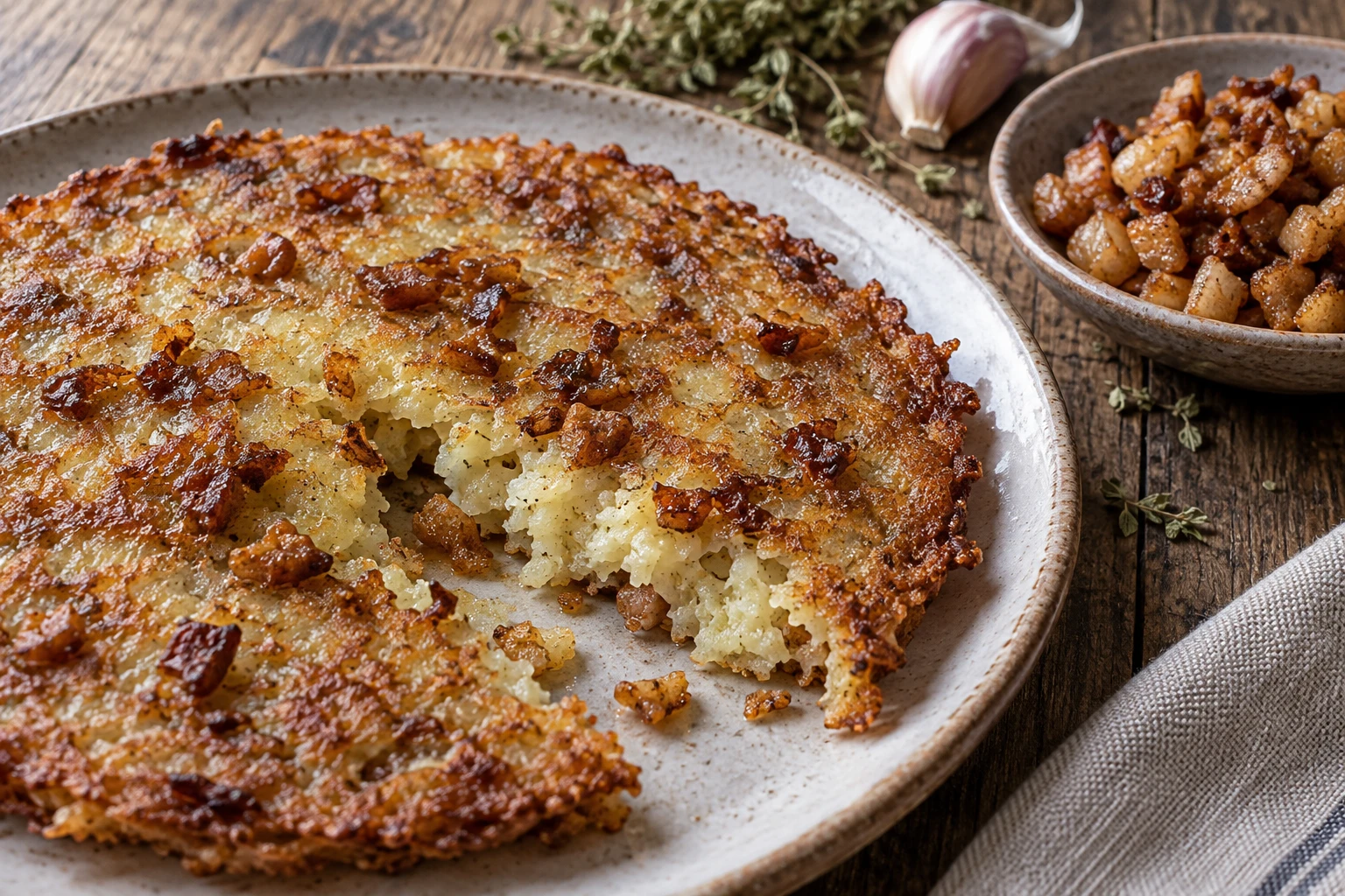 Broken potato pancake showing a pale cooked center, with a bowl of chopped brown cracklings nearby