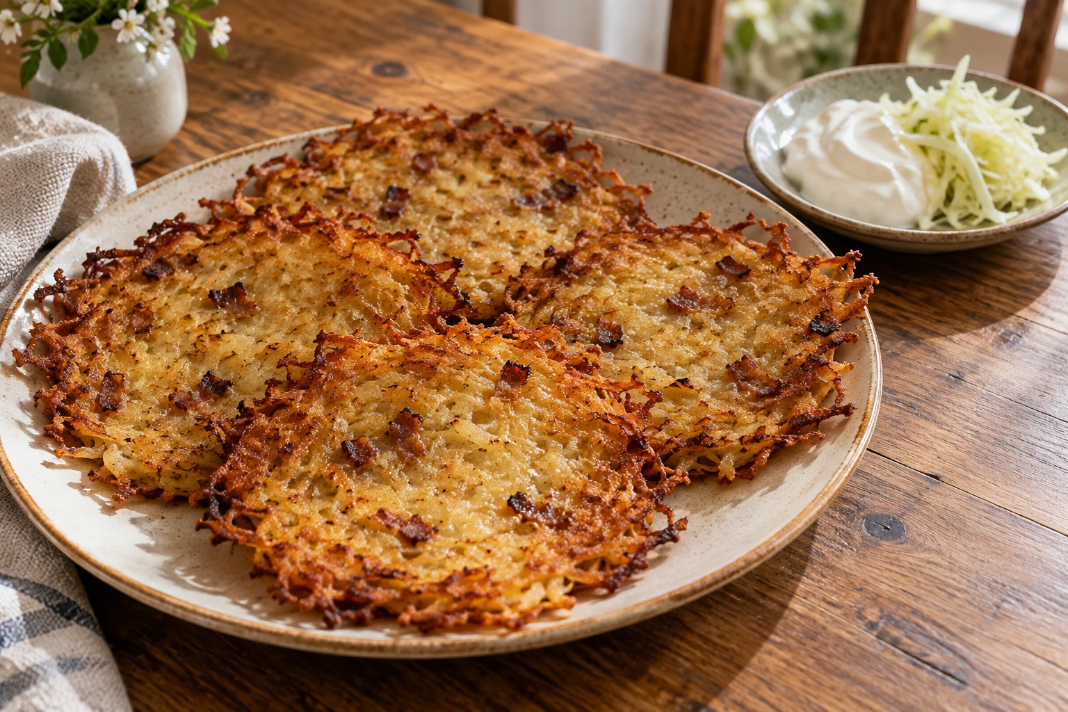 Thin golden Czech potato pancakes with brown crackling flecks on a ceramic plate