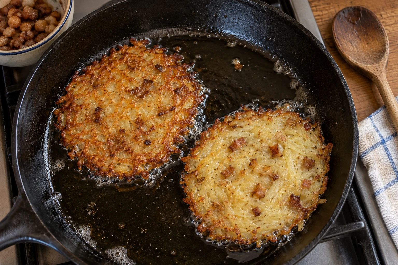 Two thin potato and crackling pancakes shallow frying in a dark skillet