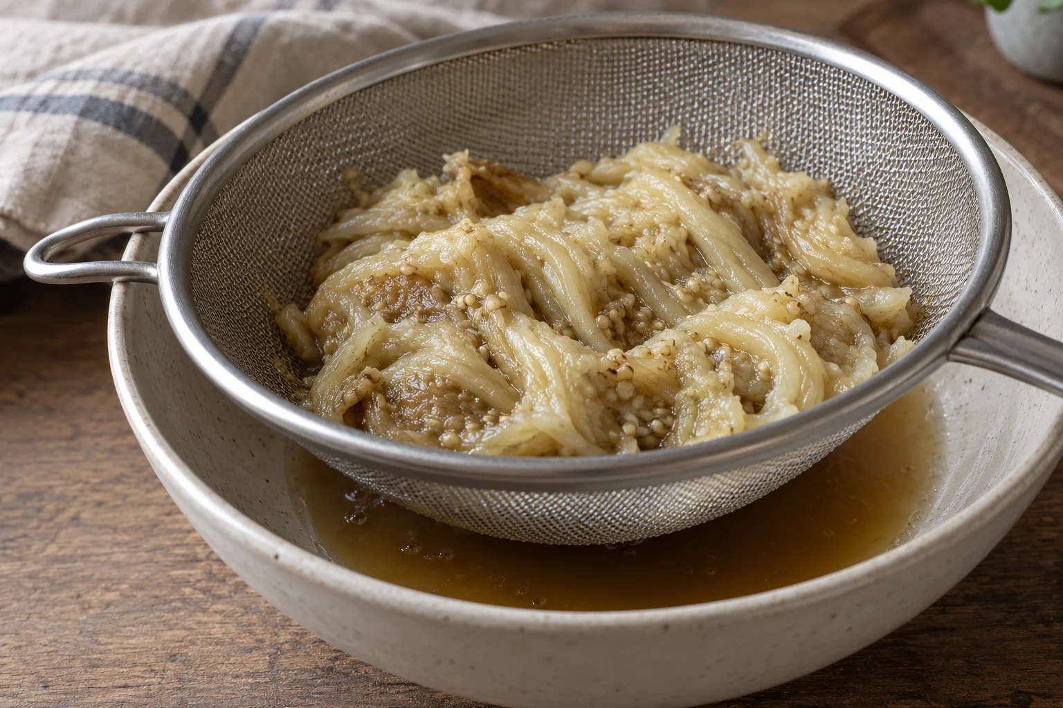Soft peeled roasted eggplant flesh draining in a fine mesh sieve over a bowl