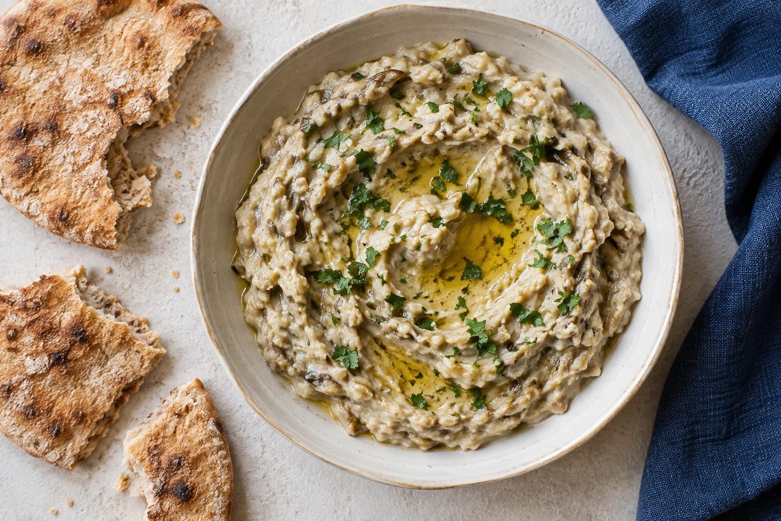 Hand-mashed beige eggplant and tahina dip with olive oil and parsley beside torn flatbread