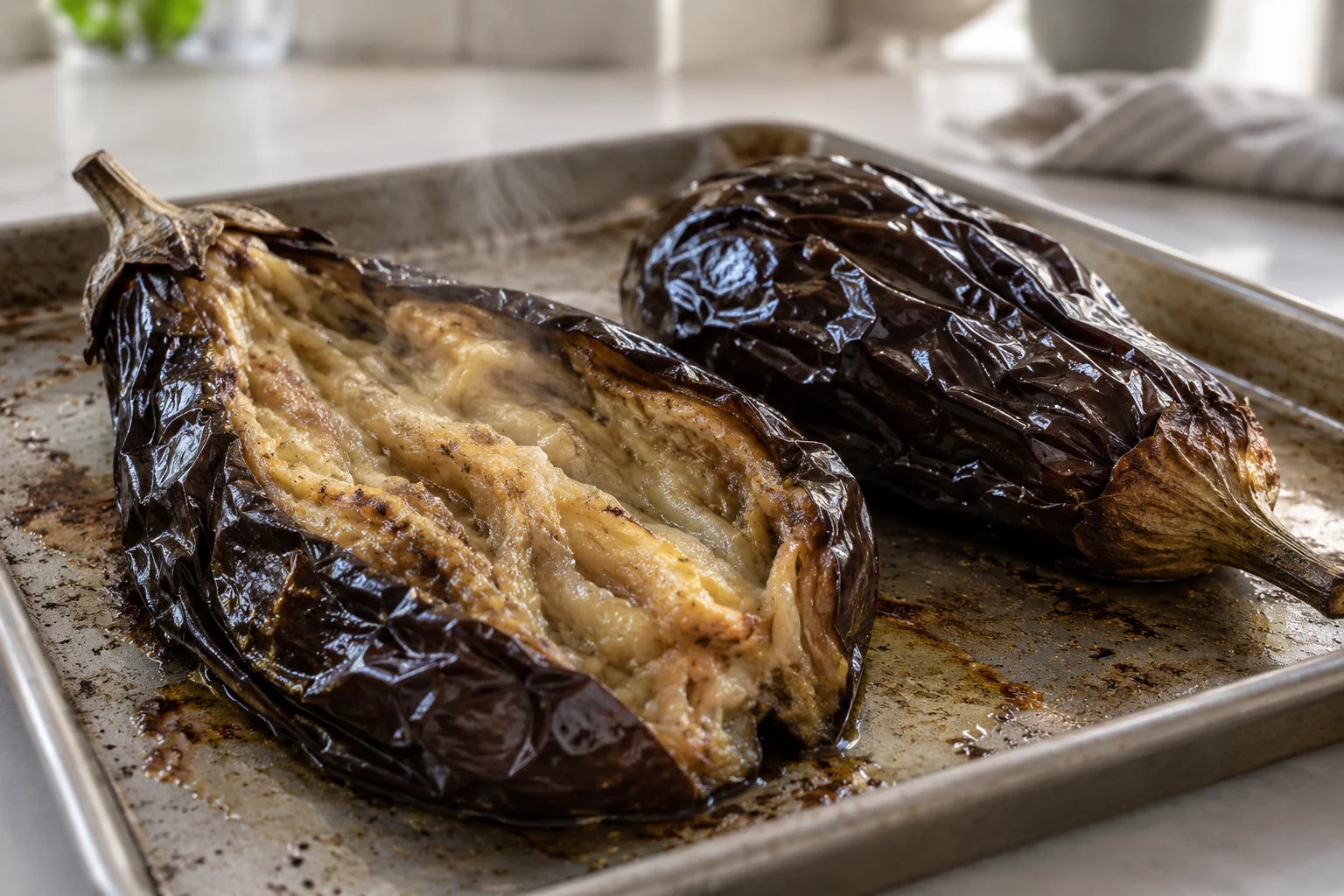 Two collapsed roasted eggplants on a metal tray, one opened to reveal soft flesh