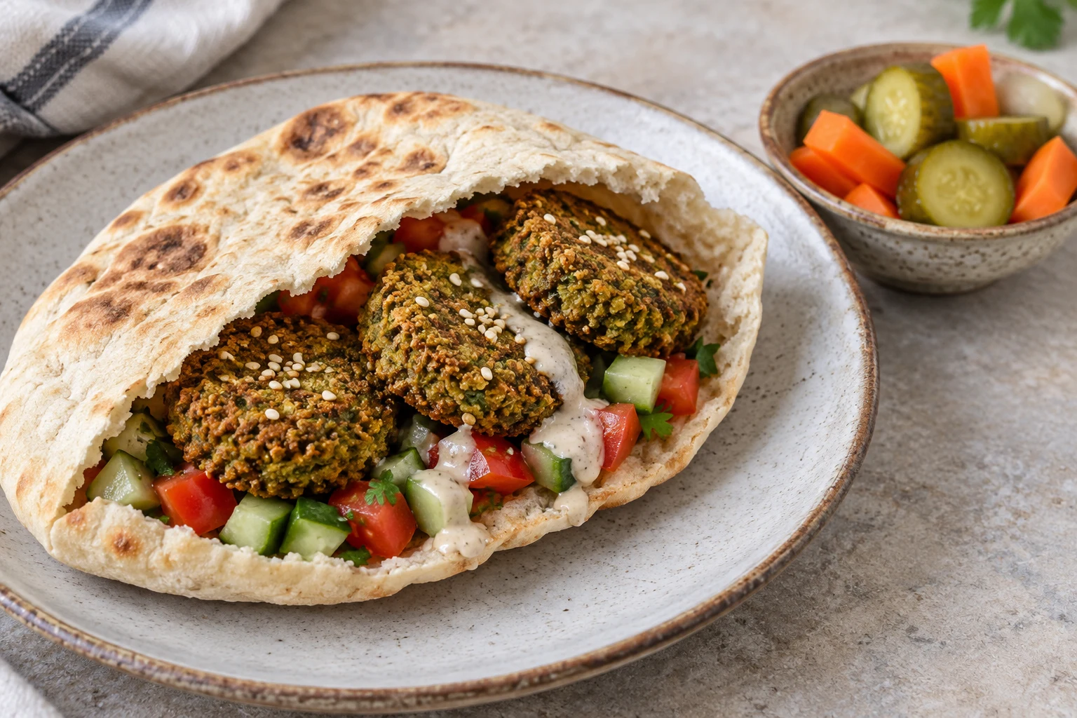 Open flatbread filled with small ta’ameya patties, chopped salad and tahini beside pickled vegetables