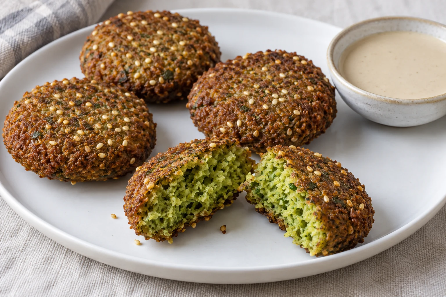 Sesame-speckled golden ta’ameya patties with one broken open to reveal a green herb-and-bean centre