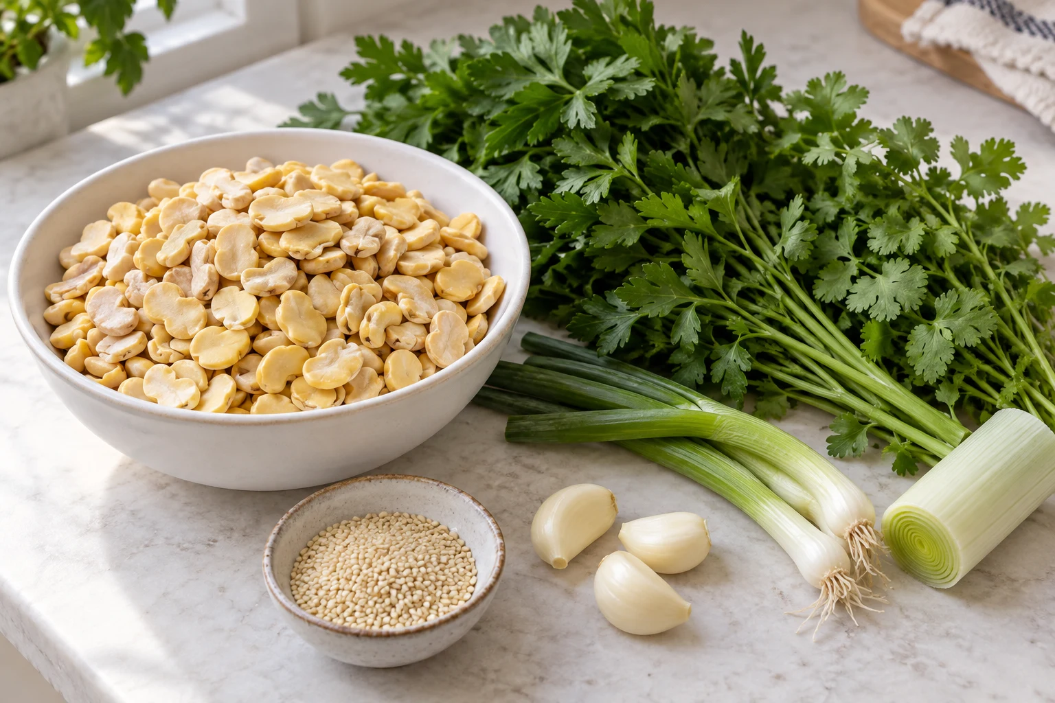 Pale dried split fava beans beside parsley, coriander, spring onions, leek, garlic and sesame seeds