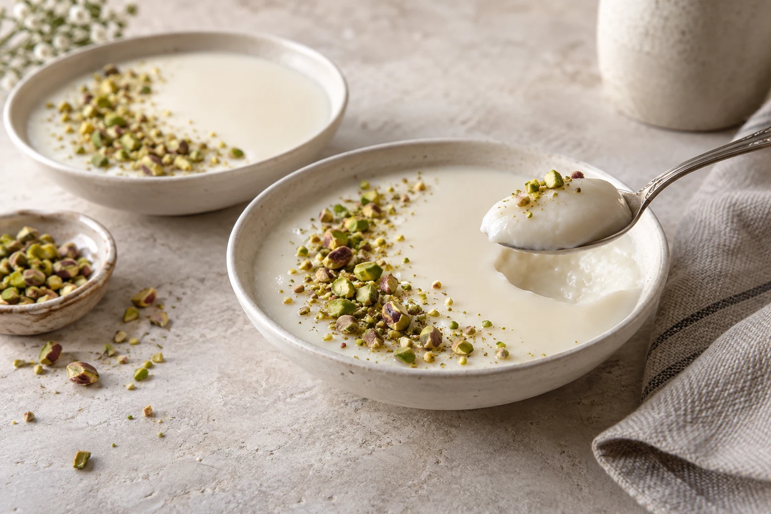 Two bowls of ivory milk pudding with chopped pistachios and a spoonful lifted from one bowl