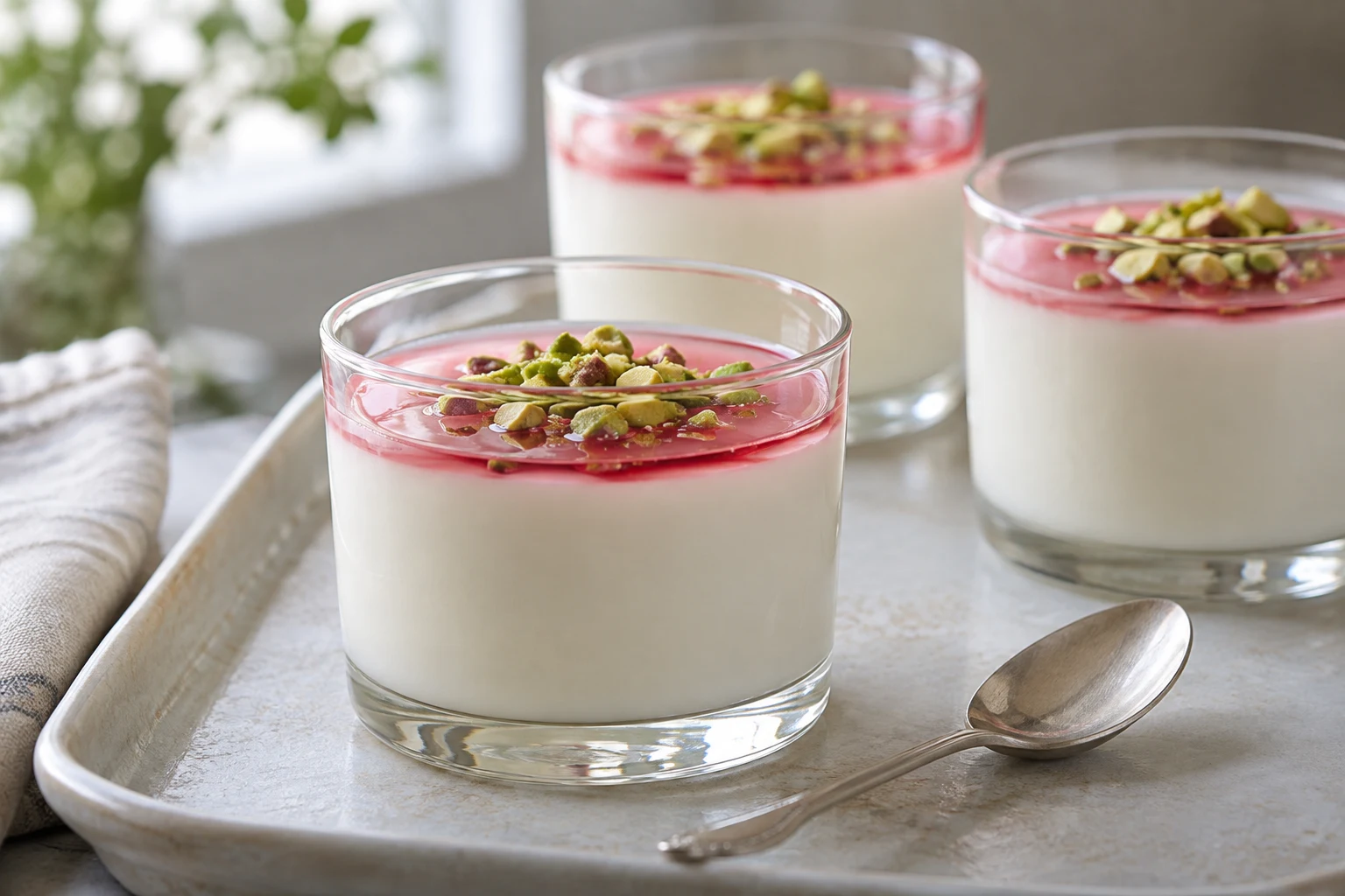 Clear glasses of white milk pudding with a thin separate pink syrup layer and pistachios