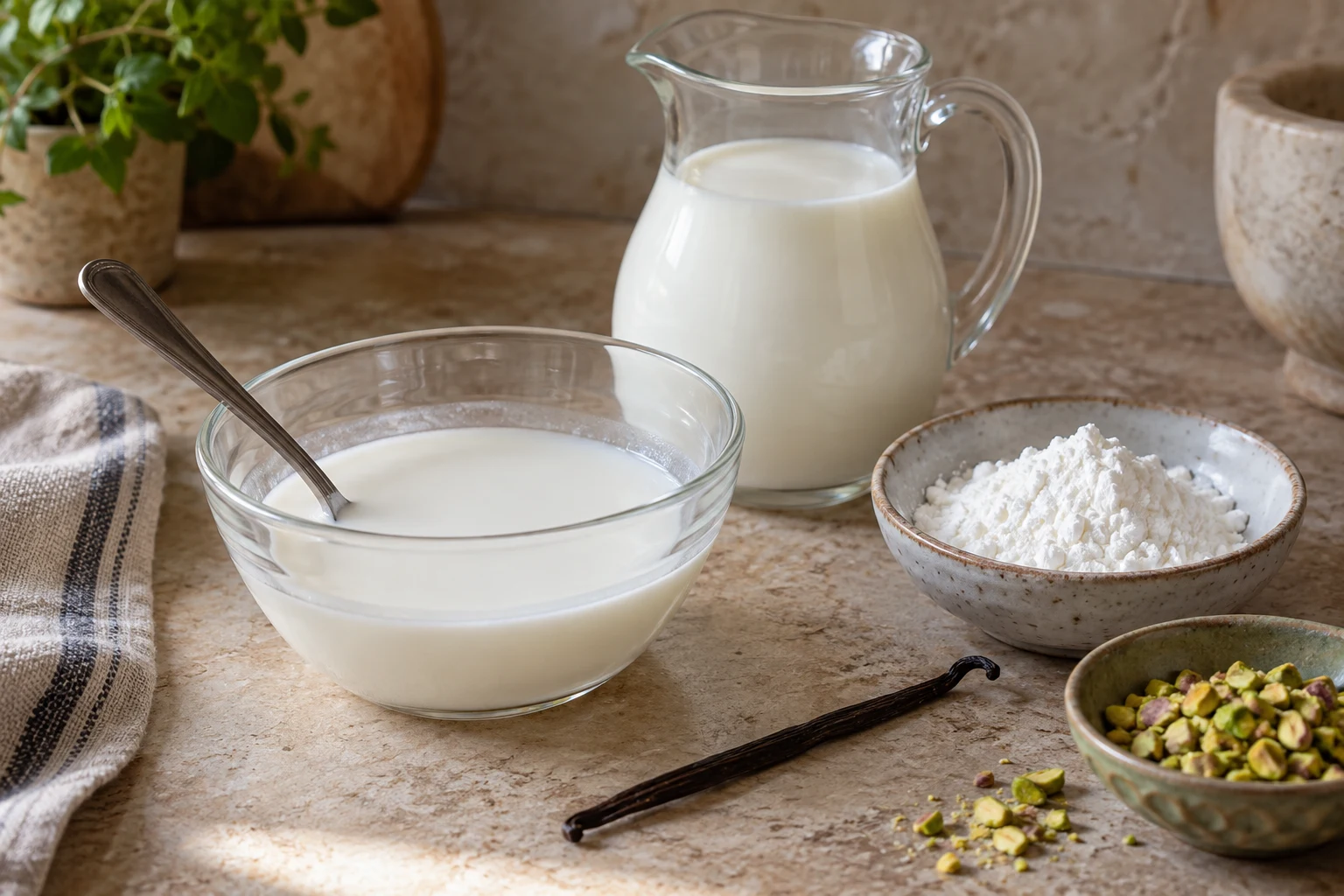 A bowl of white starch and milk slurry beside a milk jug, dry starch, vanilla, and pistachios