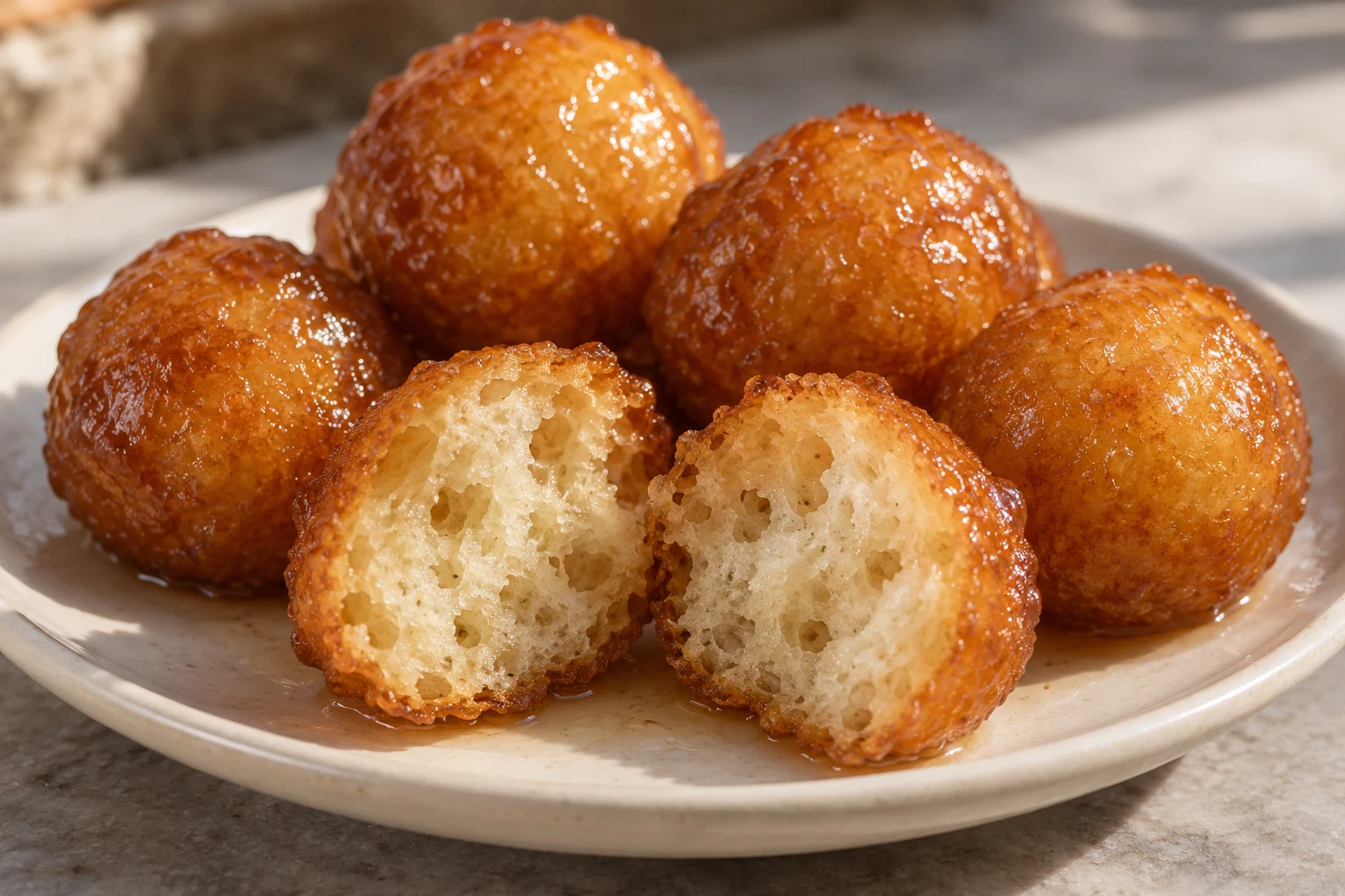 A cut zalabia ball reveals an ivory airy cooked crumb inside a thin golden crust.