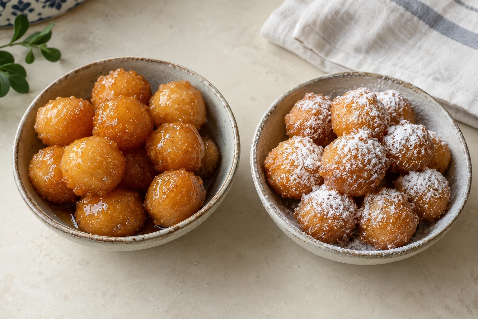 Two small bowls of zalabia show glossy syrup-coated balls and lightly powdered sugar-coated balls.