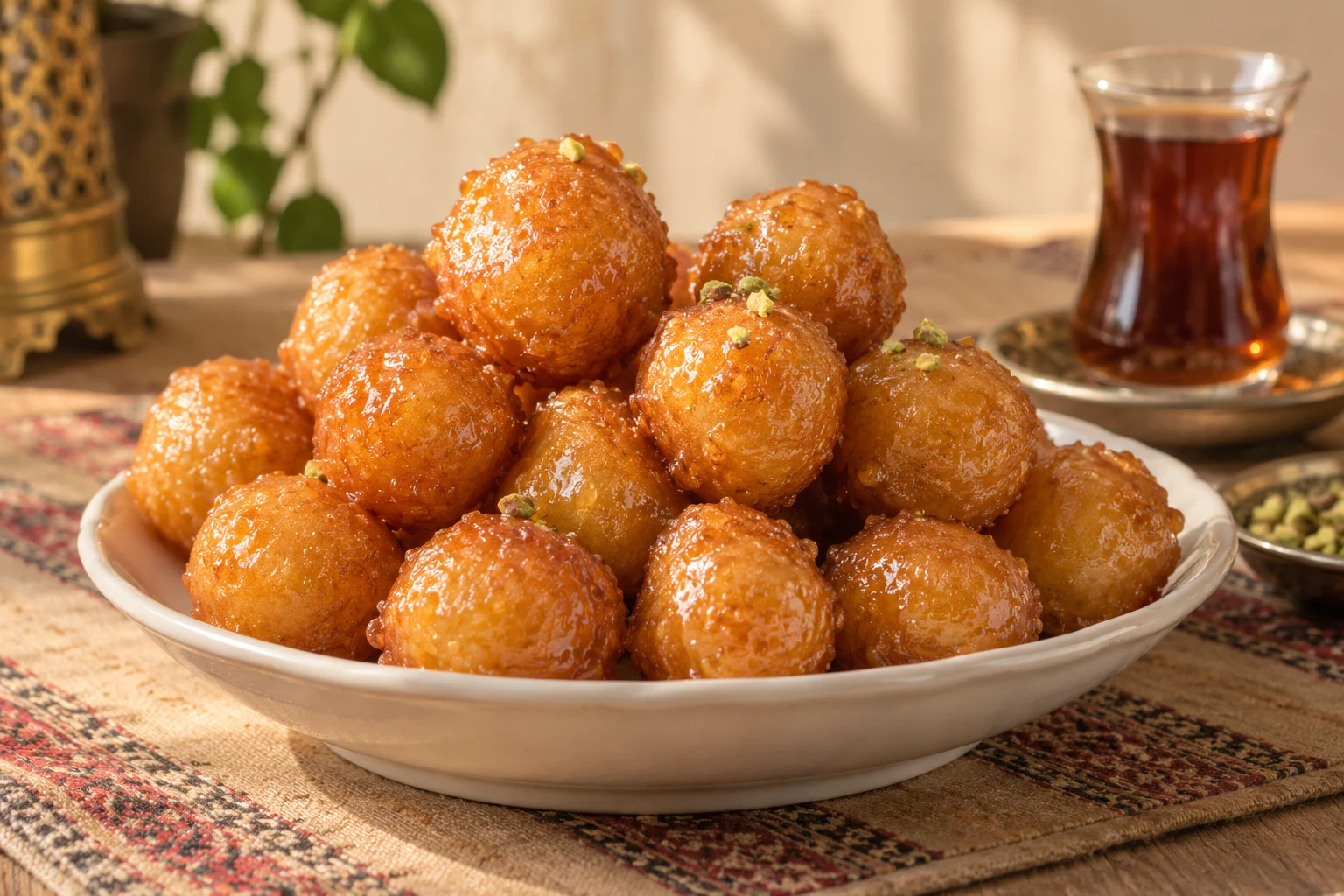 Small golden Egyptian zalabia fritters lightly coated in clear syrup on a white dish.
