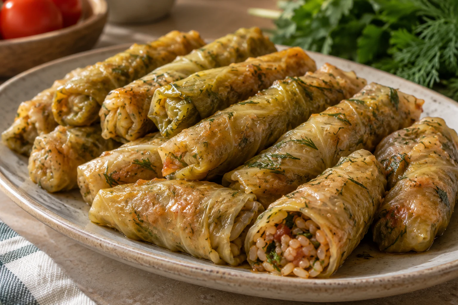 Small cooked cabbage rolls with tomato-coated rice and herbs visible at an open end