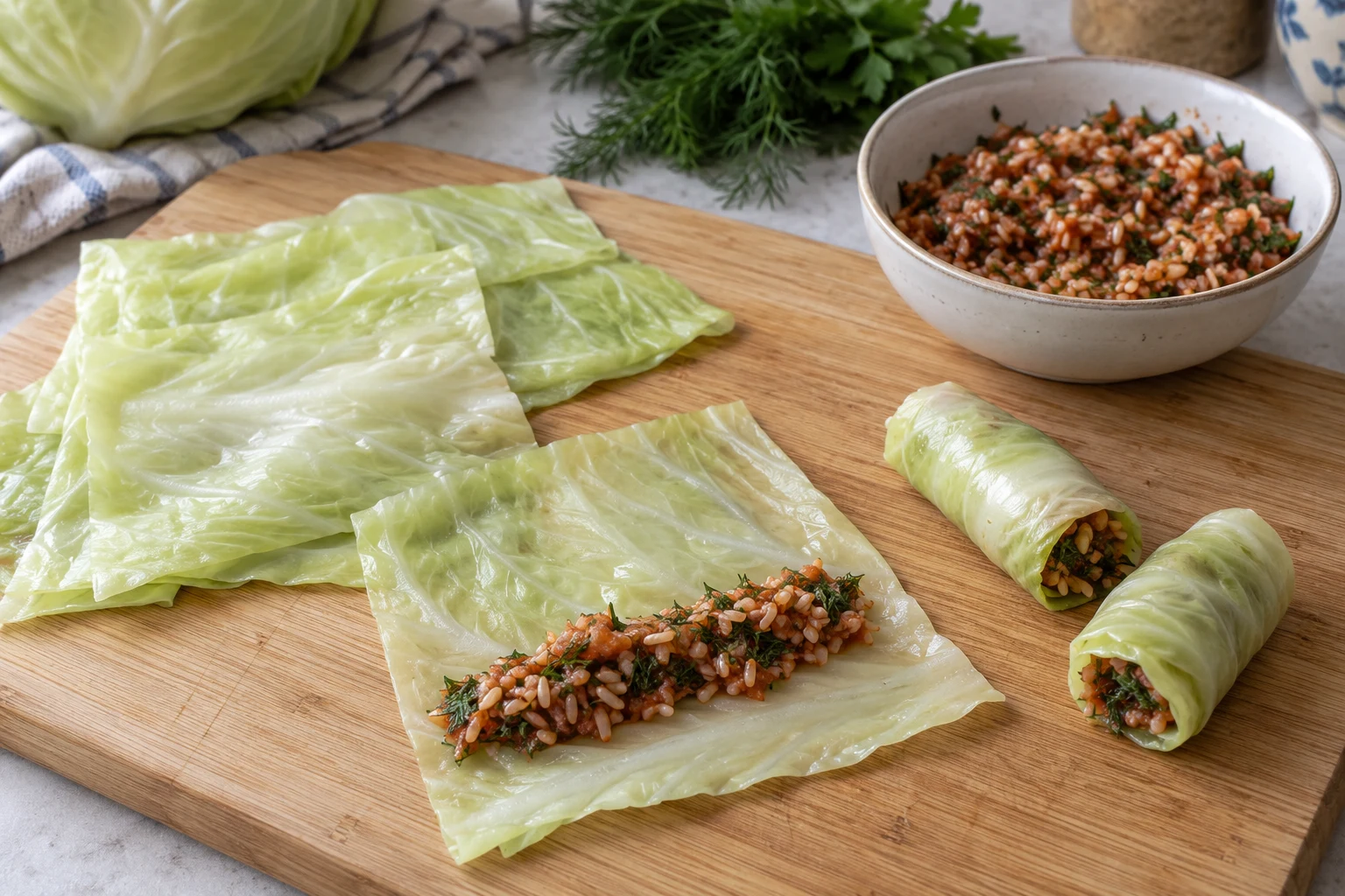 Blanched cabbage rectangles with ribs removed, a little raw rice and herb filling, and two rolled cylinders