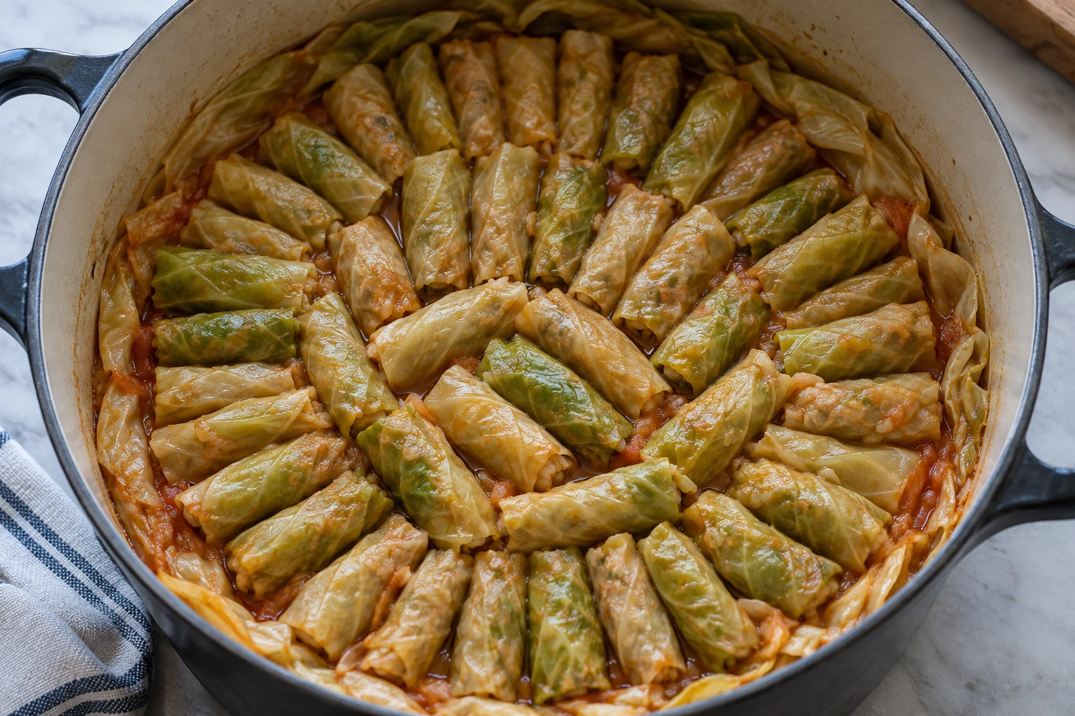 Small cabbage rolls packed together in a leaf-lined pot with a little tomato-tinted cooking liquid