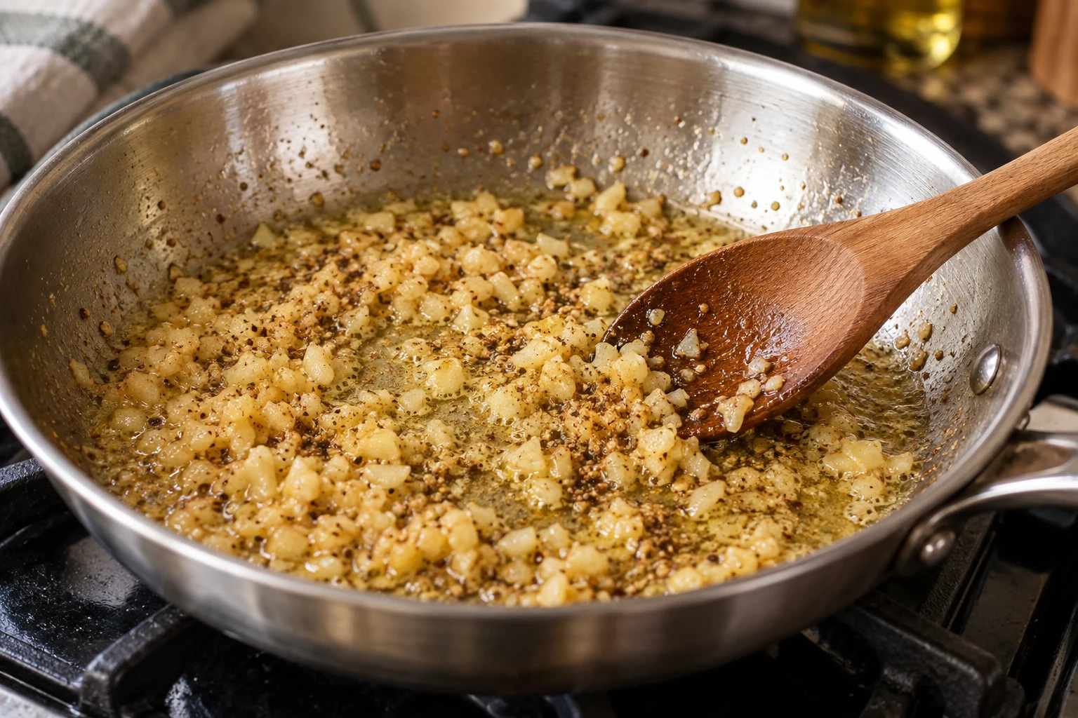 Pale golden chopped garlic and ground coriander cooking in butter in a small pan.