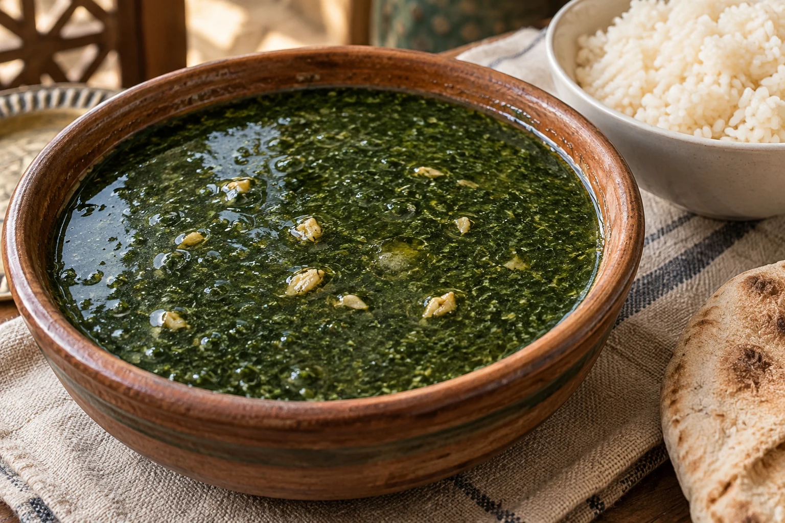 Glossy green minced-leaf molokhia in an earthenware bowl with rice and flatbread.