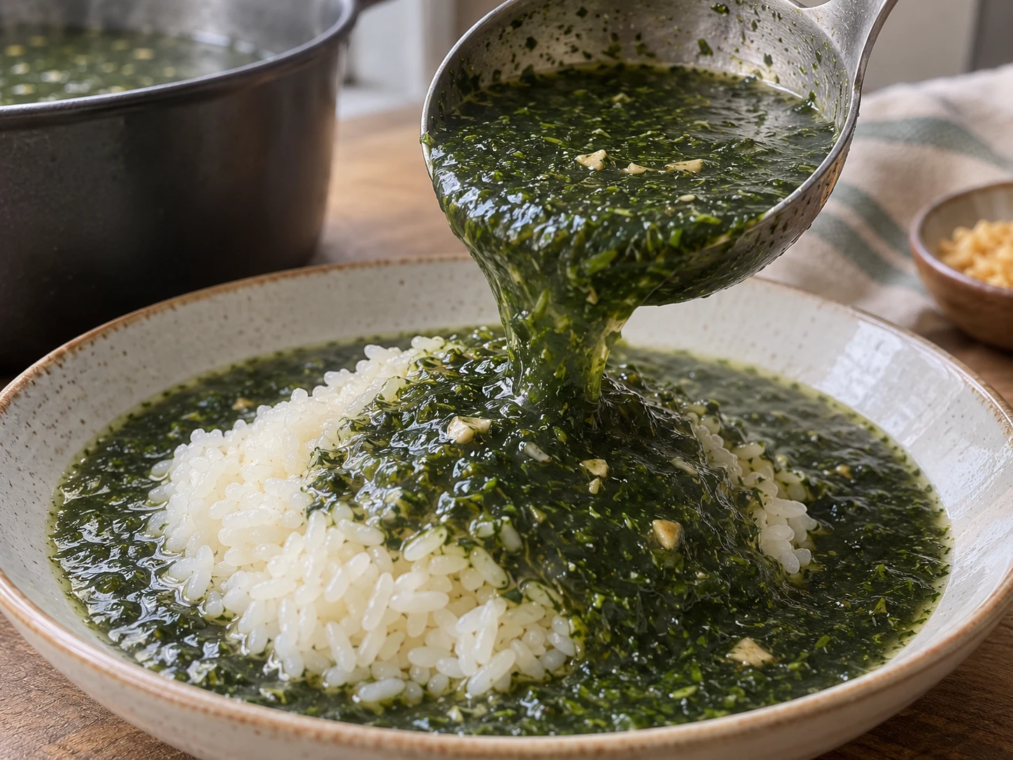 A ladle pouring green minced-leaf molokhia over white rice.