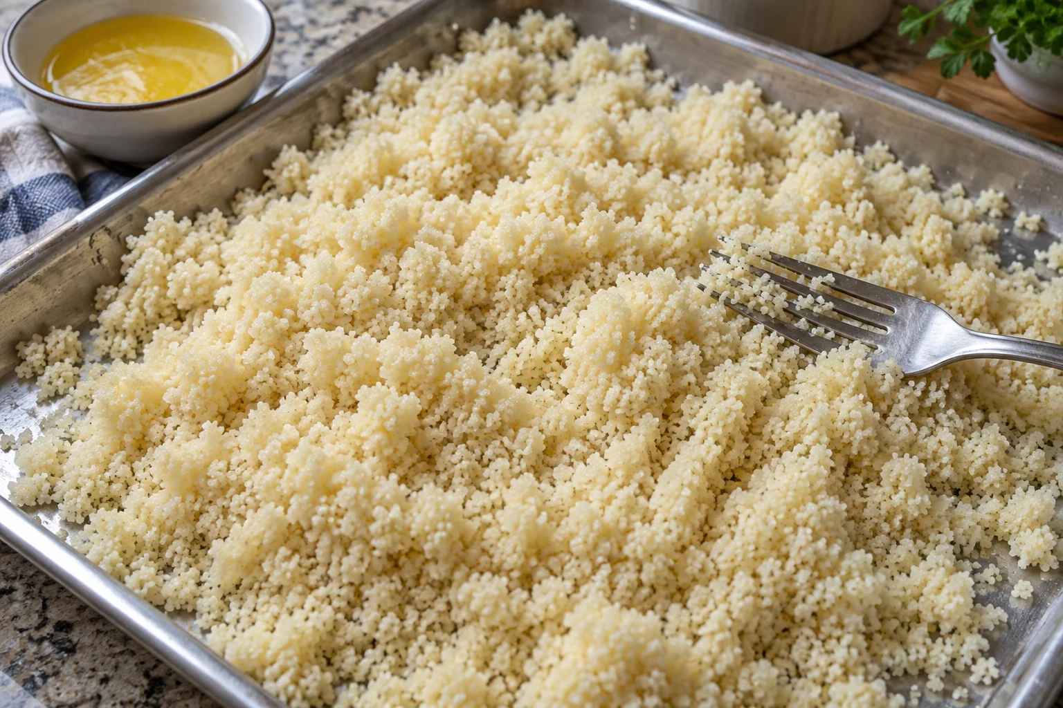 Cooked fine couscous spread on a metal tray with a fork and a small bowl of melted butter nearby.