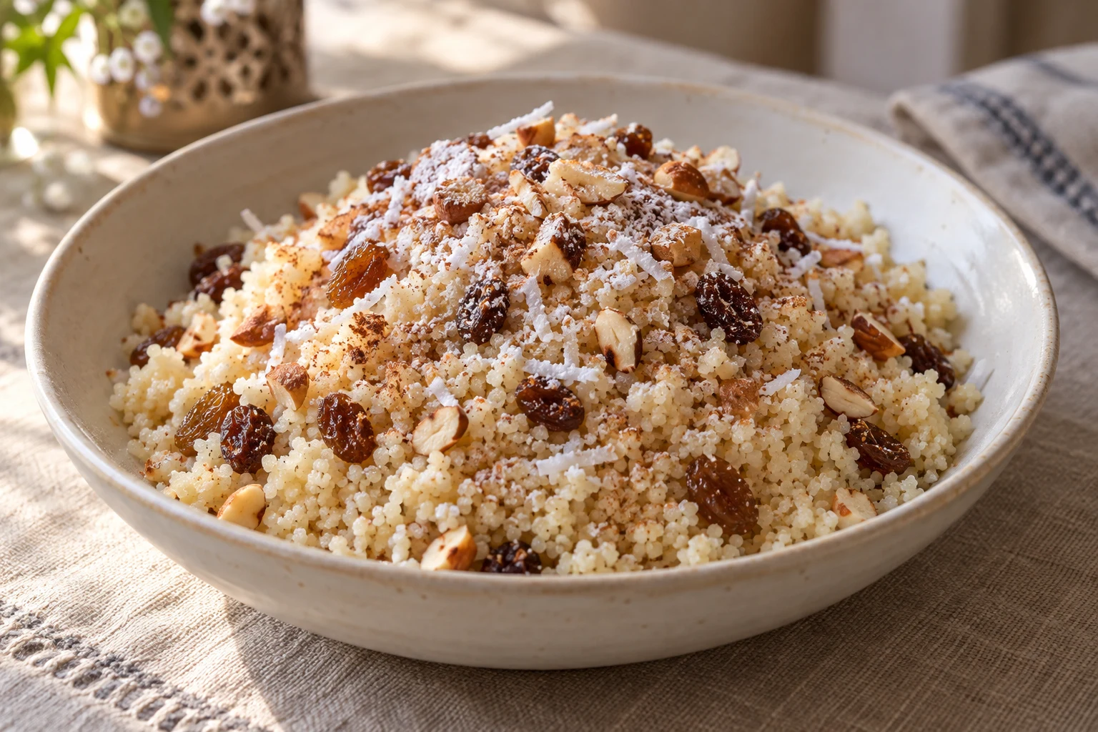Fine pale couscous grains in a bowl with raisins, chopped almonds, coconut, powdered sugar, and cinnamon.
