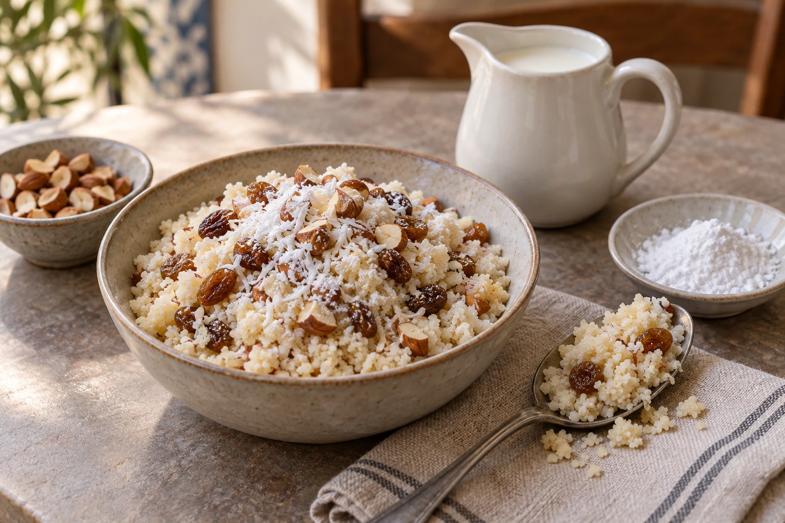 Bowl and spoonful of sweet couscous beside a milk pitcher, powdered sugar, and chopped almonds.