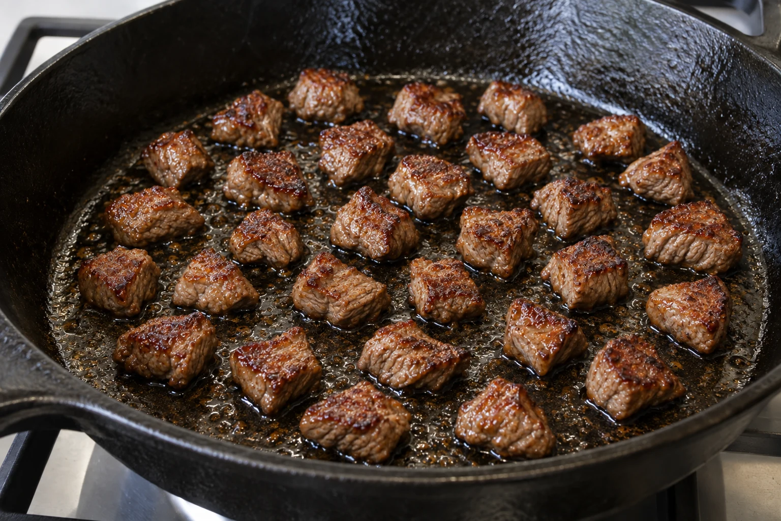 Small pieces of beef browning in a thin film of oil, with spaces between them in a cast-iron skillet