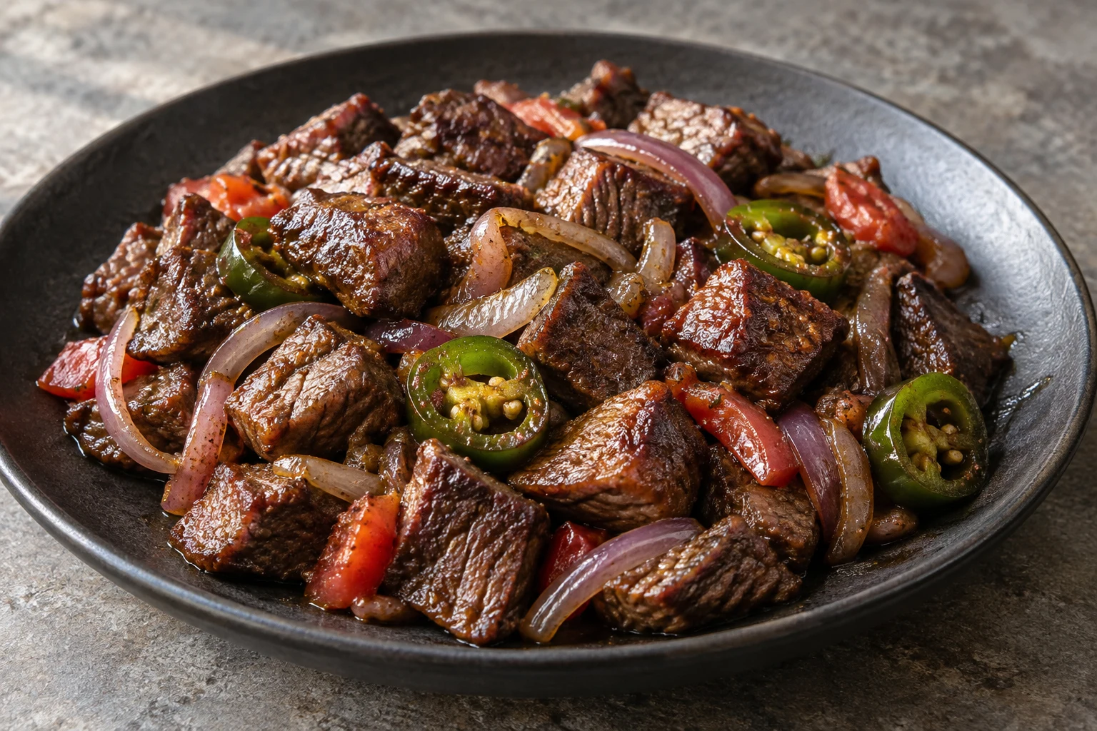 Browned boneless beef pieces with softened red onion, tomato and green jalapeño on a dark plate
