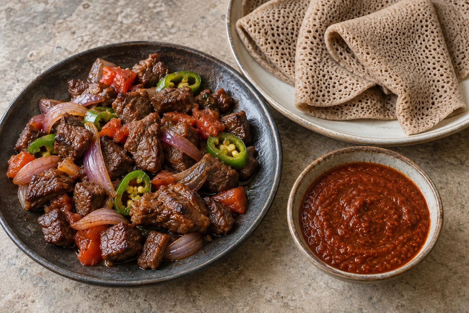 Derek tibs beside folded porous injera and a separate bowl of brick-red awaze