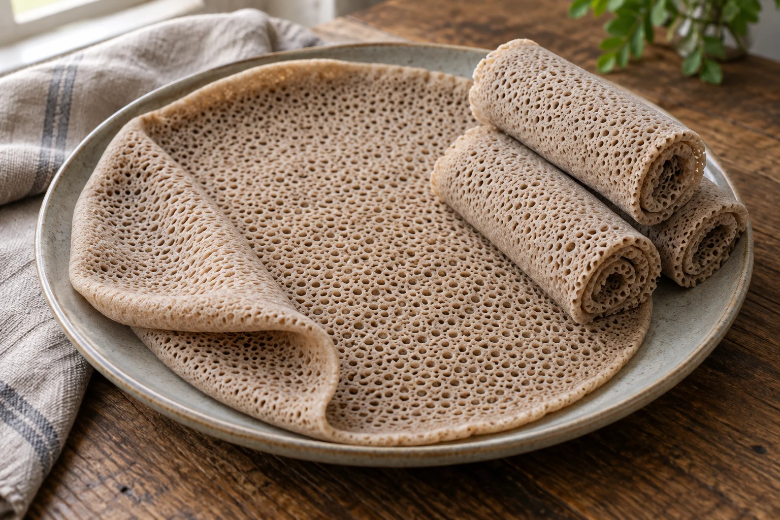Soft tan-grey injera with many fine pores, a gently folded edge and rolled portions on a ceramic plate