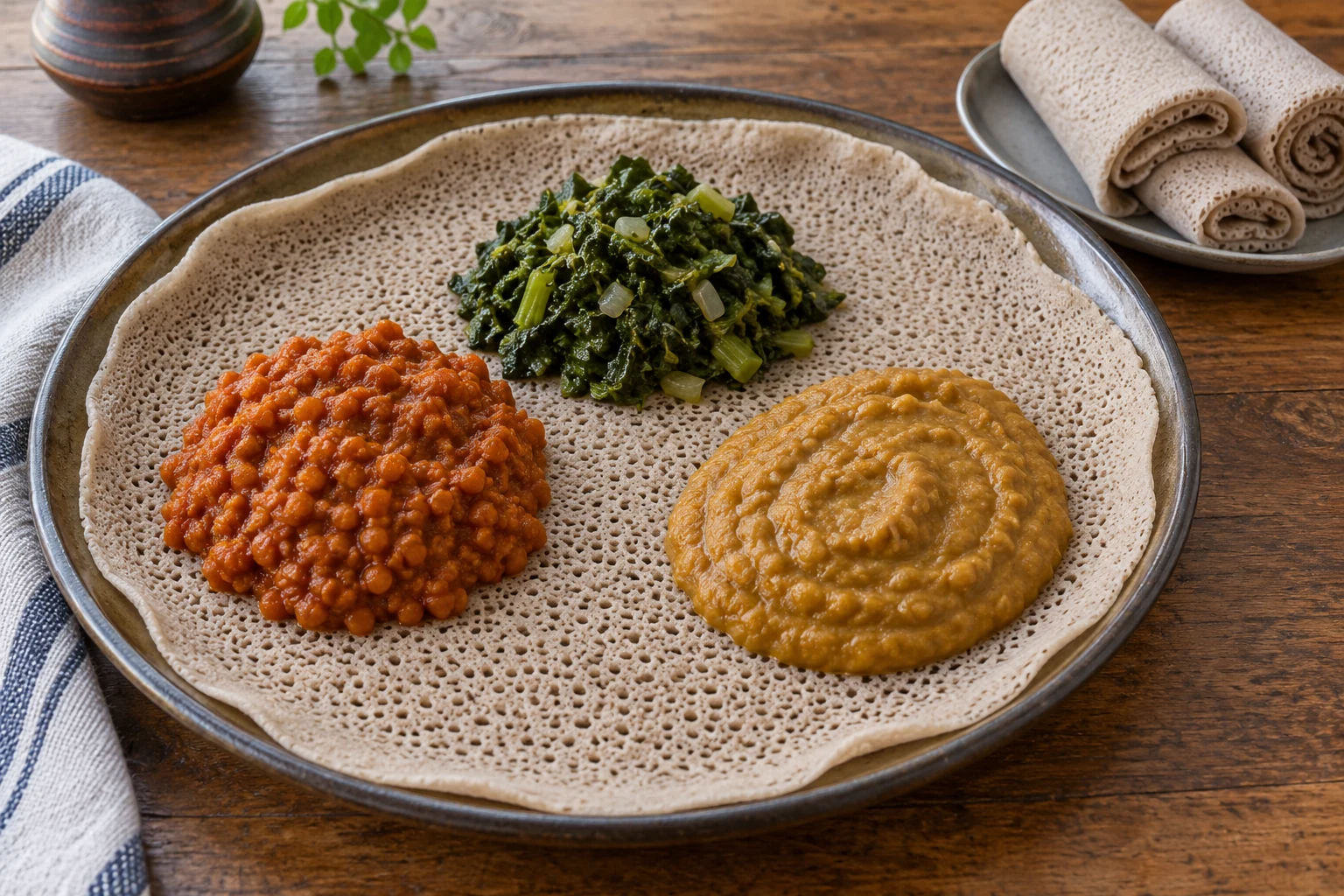 A broad injera round supporting separate portions of cooked lentils, shiro and greens, with extra rolled bread nearby