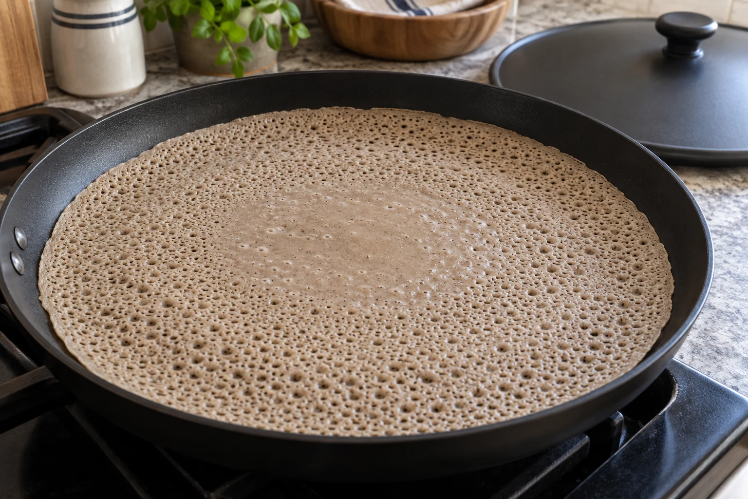 A thin round injera setting in a shallow skillet, with small open bubbles across the surface and a lid beside the pan