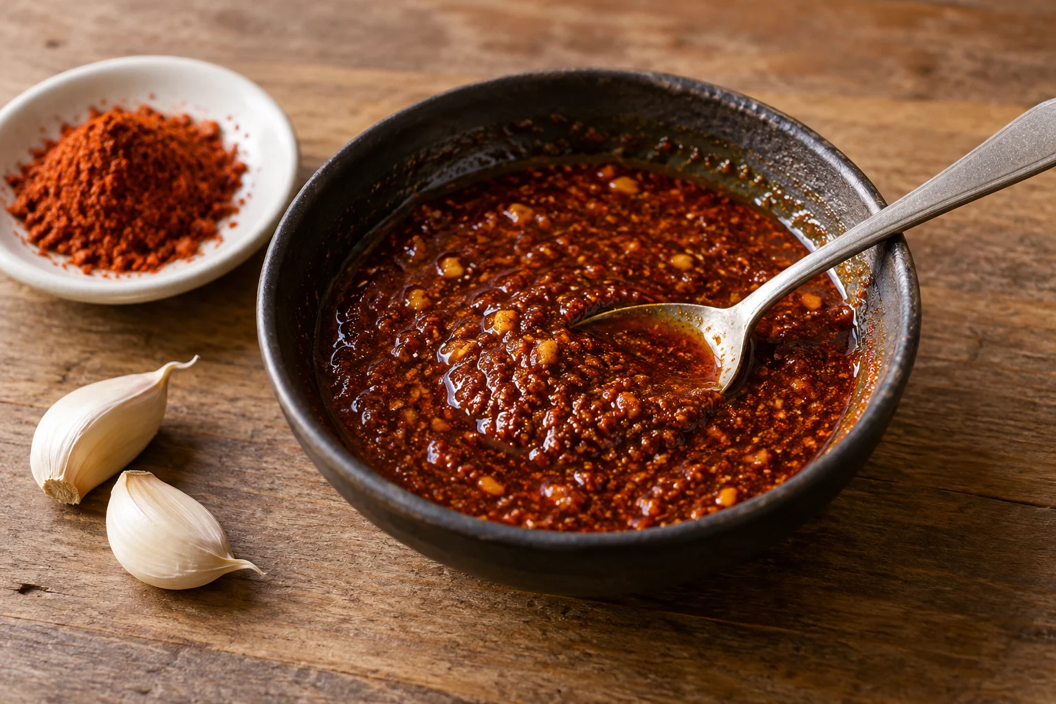 Glossy red-brown spice sauce in a small bowl beside ground red spice and garlic