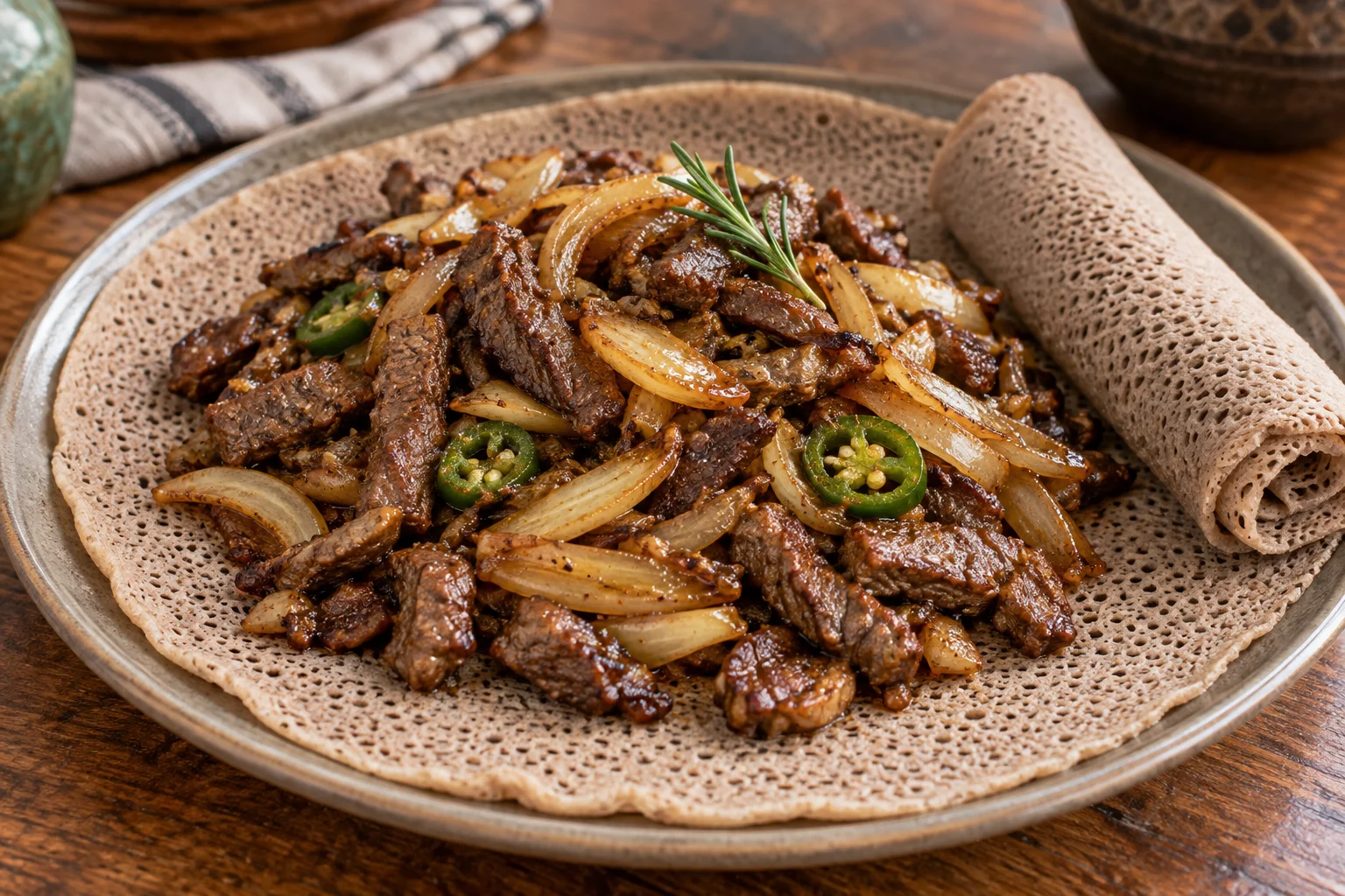 Browned beef pieces and golden onions with green chile on porous injera flatbread