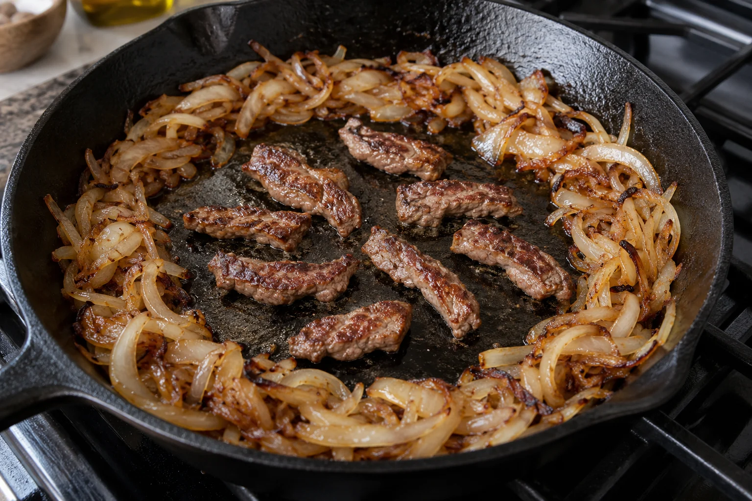 Small browned beef pieces spaced in a skillet center with cooked onions around the edge