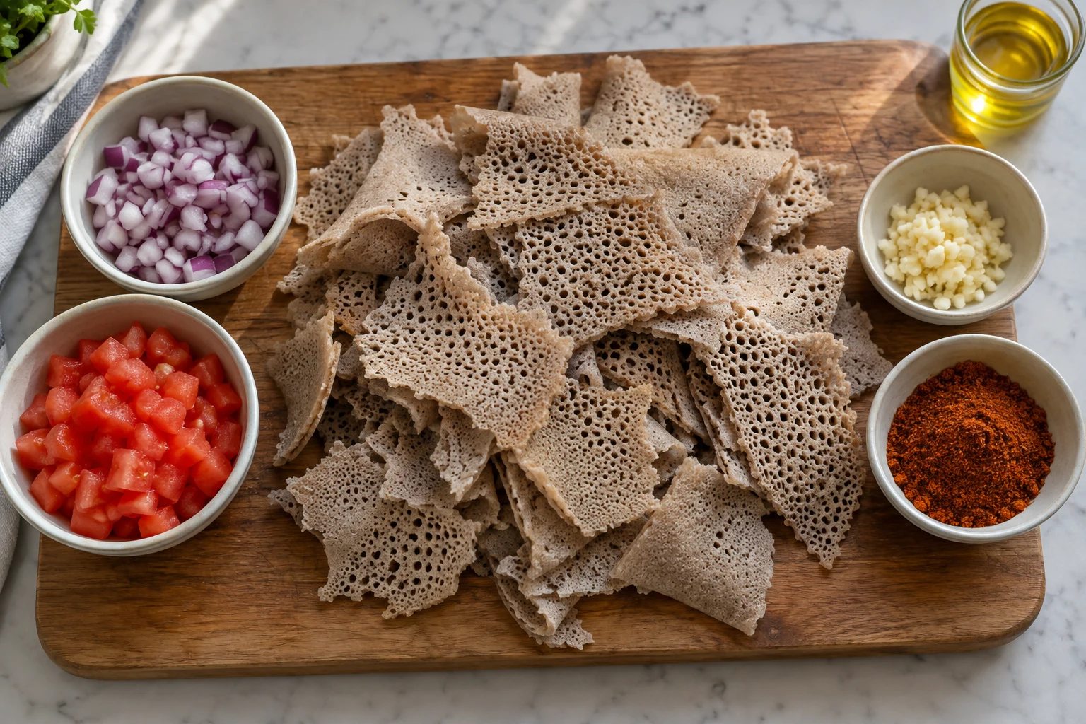 Unseasoned porous injera pieces beside onion, tomato, garlic and berbere