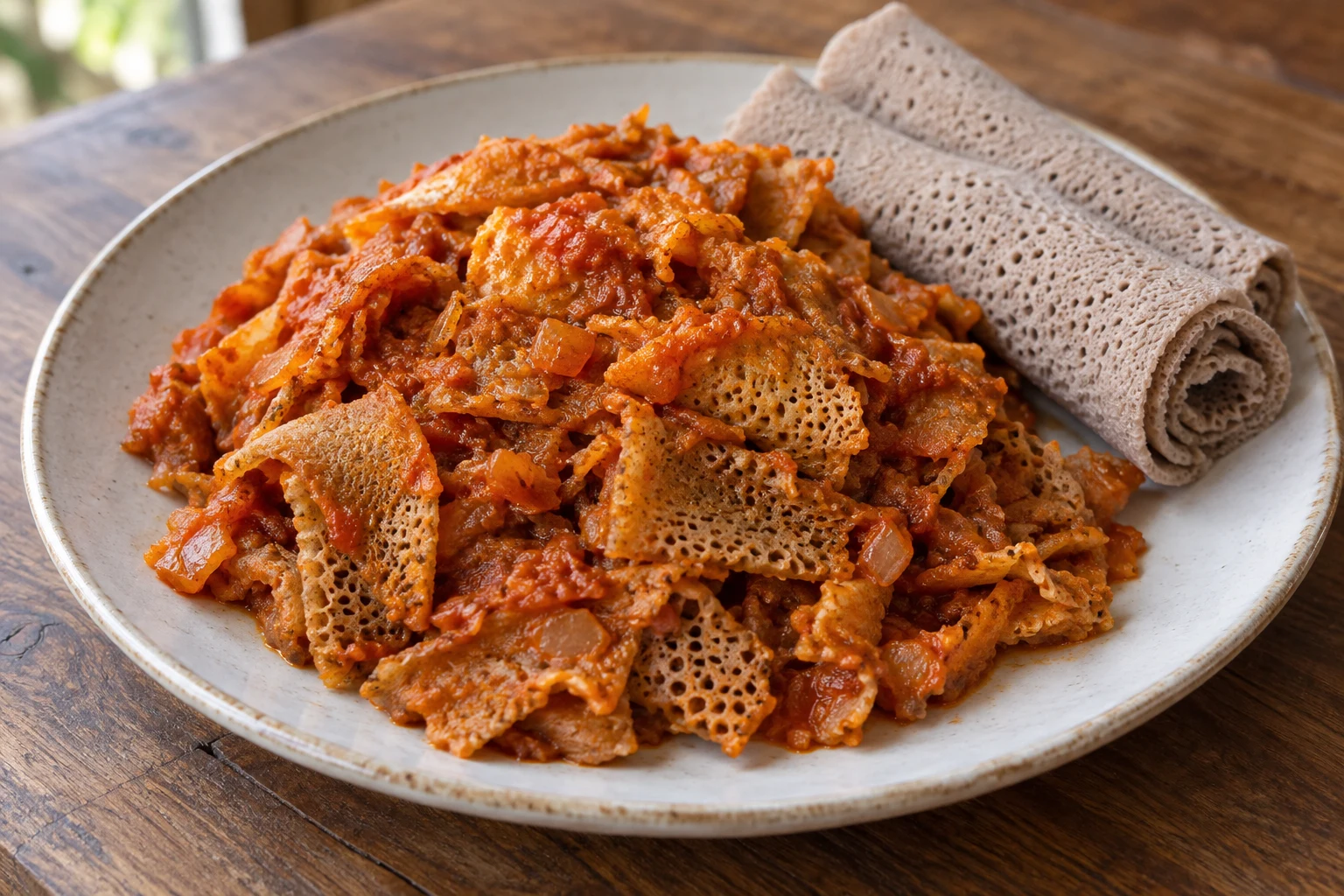 Sauced torn injera pieces with rolls of plain injera alongside