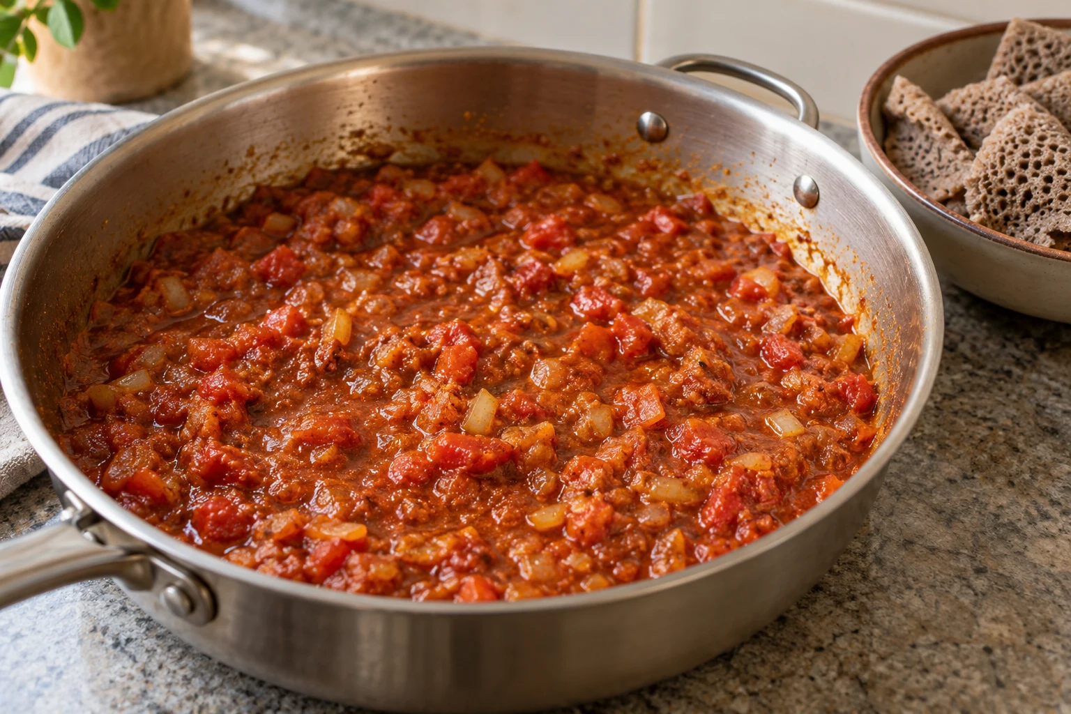Cooked tomato and onion sauce in a pan before adding injera