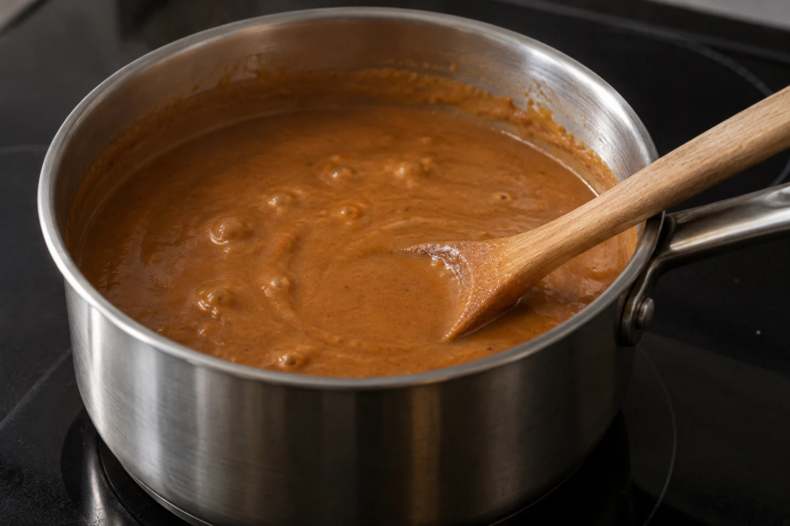 Small bubbles on smooth shiro in a saucepan, with a wooden spoon resting in the stew
