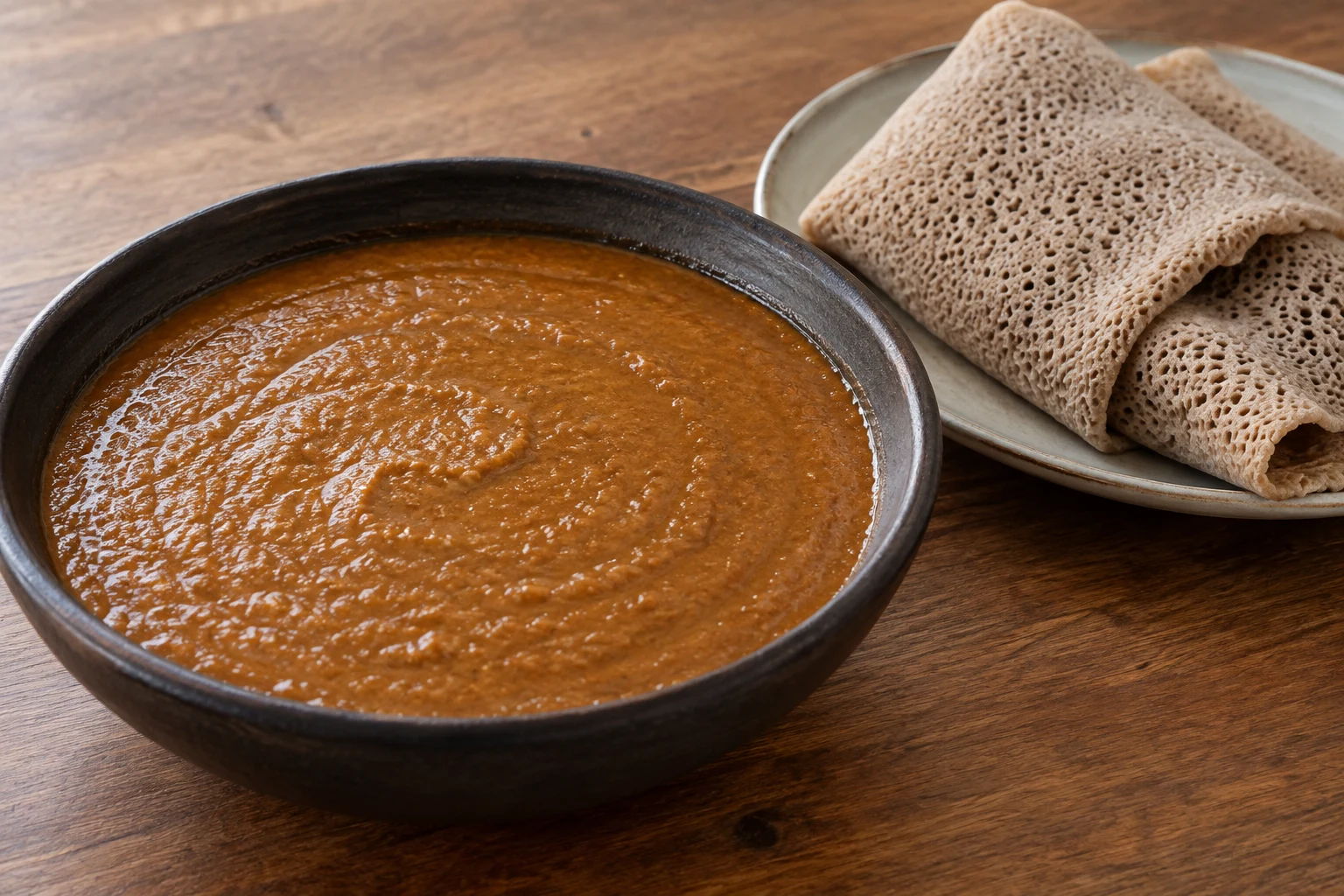 Smooth rust-brown shiro in an earthenware bowl beside folded, porous injera