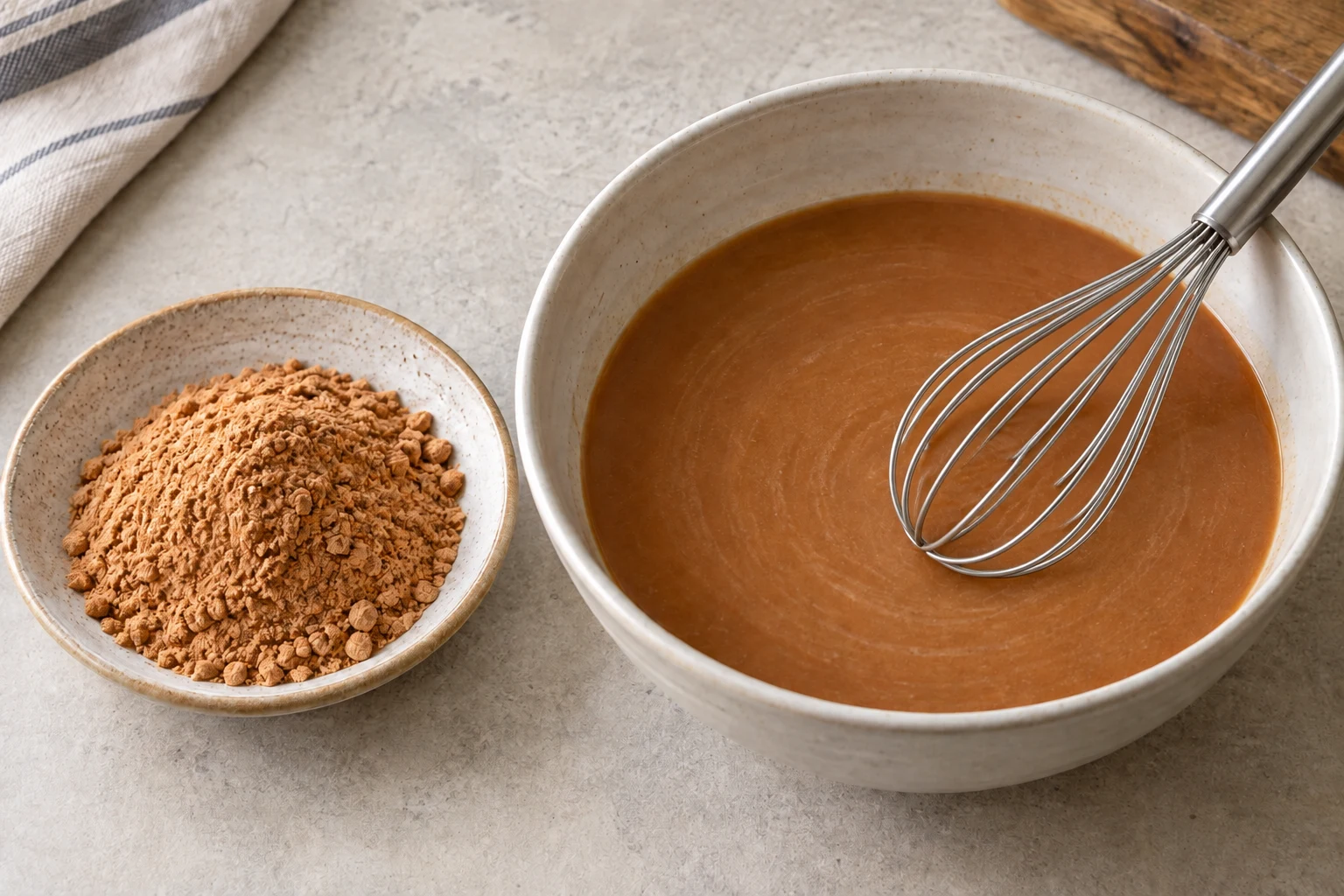 Fine reddish-tan shiro powder beside a bowl of smooth liquid slurry with a resting whisk