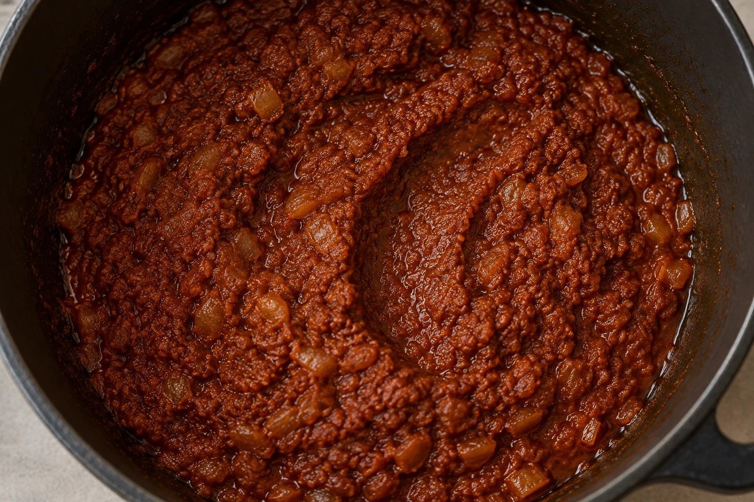 Thick brick-red berbere and cooked onion paste before beef is added